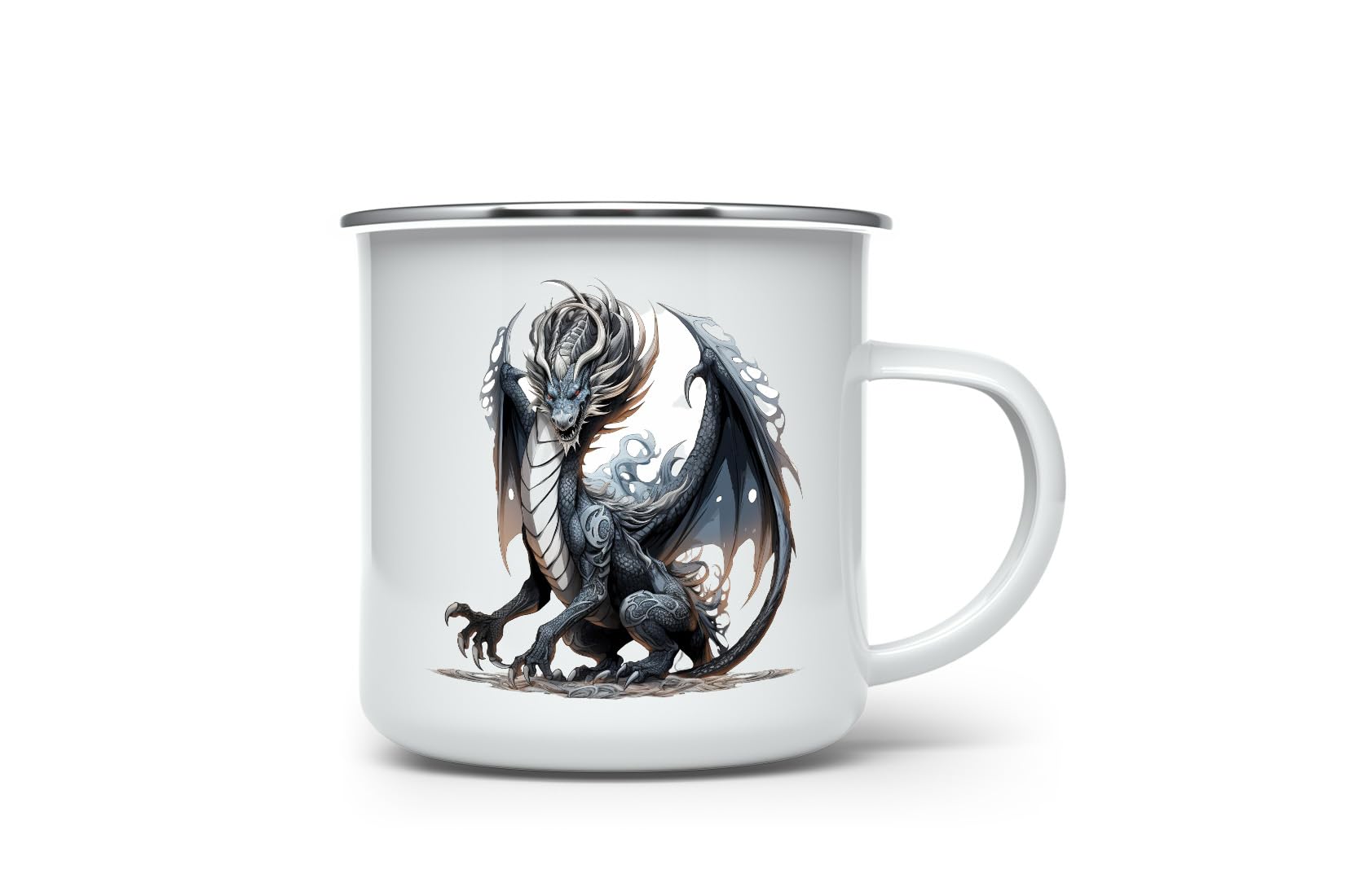 MAXIKIWI - Durable Enamel Coffee or Tea Camping Mug for Indoor Outdoor Use - White Black Dragon - 350ml