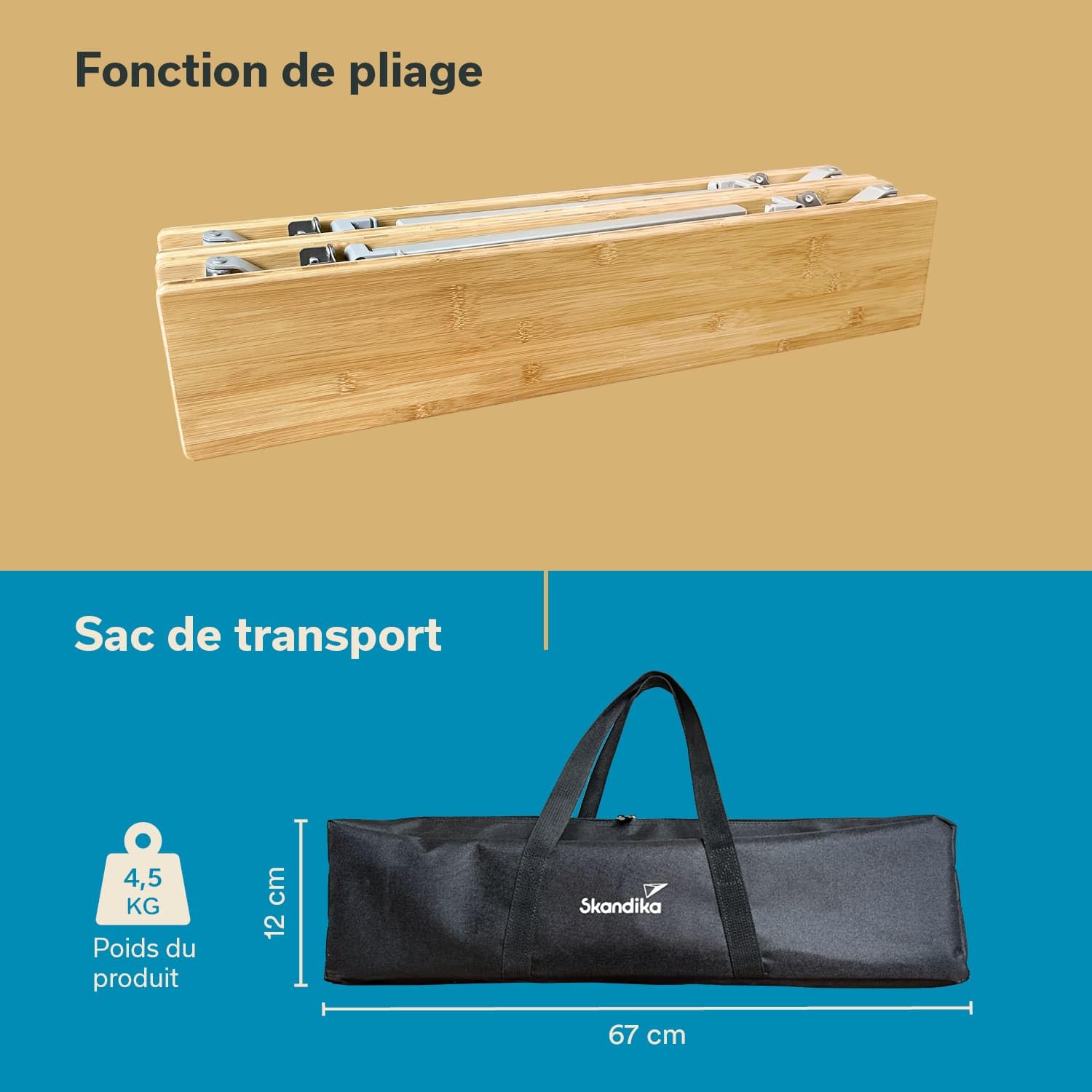 Skandika Table de Camping en Bambou Tolja | Table Pliante, différentes Tailles, réglable en Hauteur, alu, Bois, résistante aux UV et intempéries | Table Pliable pour Jardin, Balcon (65 x 50 x 65 cm)