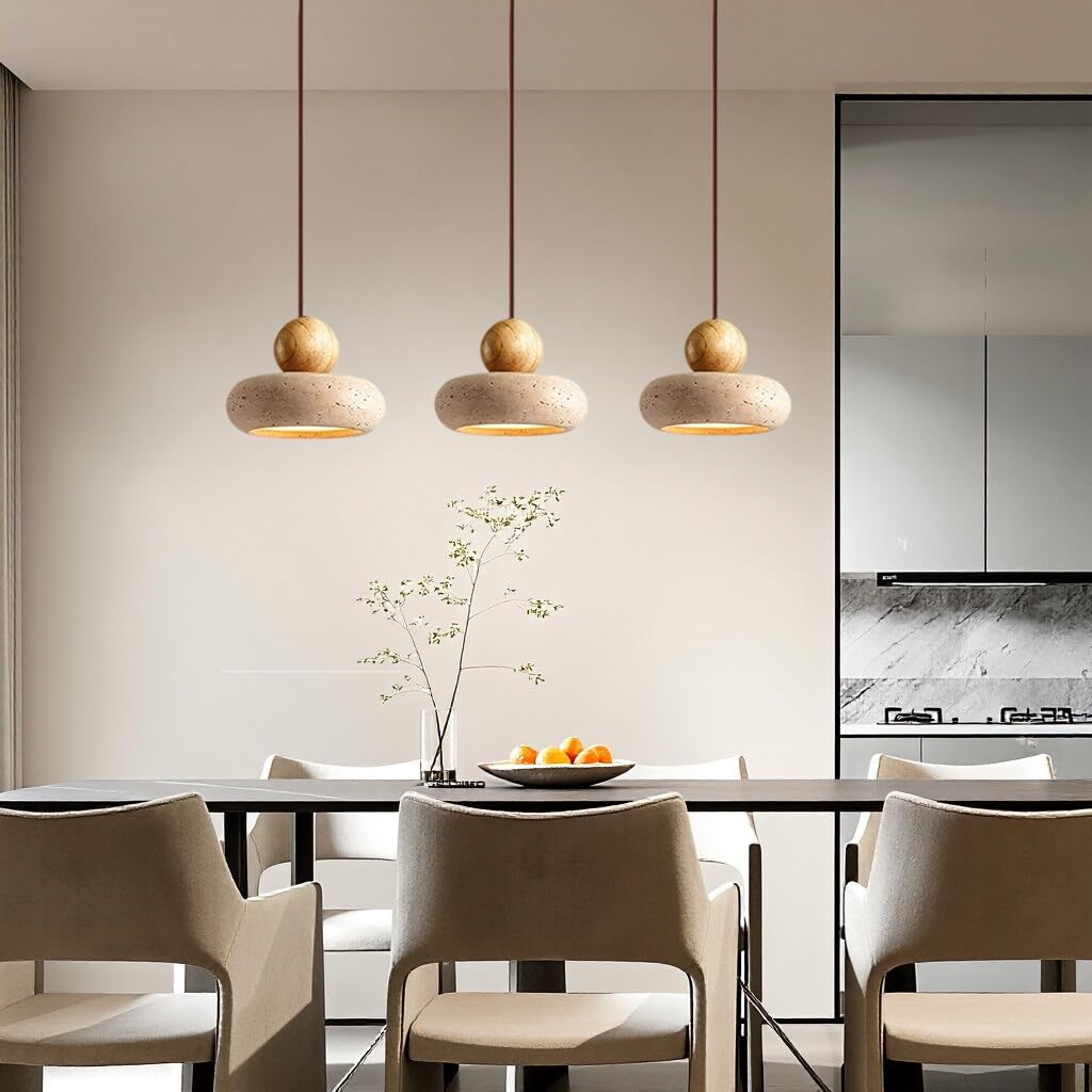 LED Lampa Wisząca do Stołu Jadalnego Naturalny Żółty Trawertyn Lampa Sufitowa Japońska Wabi Sabi Plafoniera Vintage 3 ramienna Lampa do Jadalni Sypialni Wyspy Kuchennej Salonu(B)
