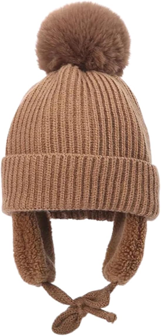 Kids Pompom Beanie with Earflap, Cotton Lined Knitted Beanie Warm Winter Hats for Girls Boys 2-8 Years Old