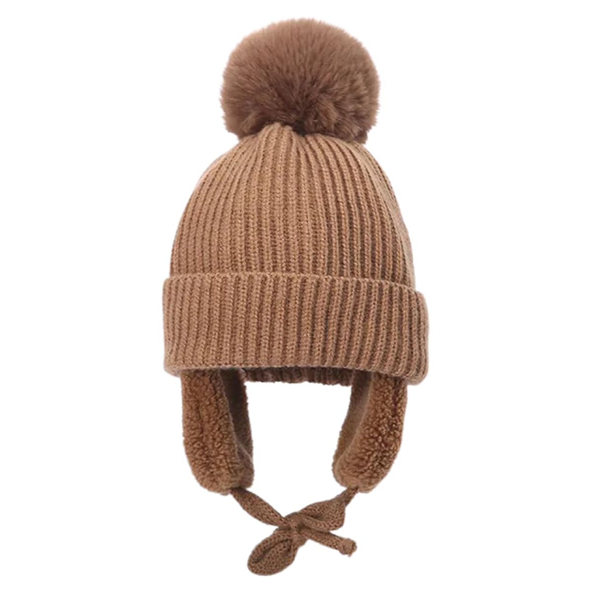 Gorro de punto para bebé con pompón grande y orejeras térmicas para el invierno 7