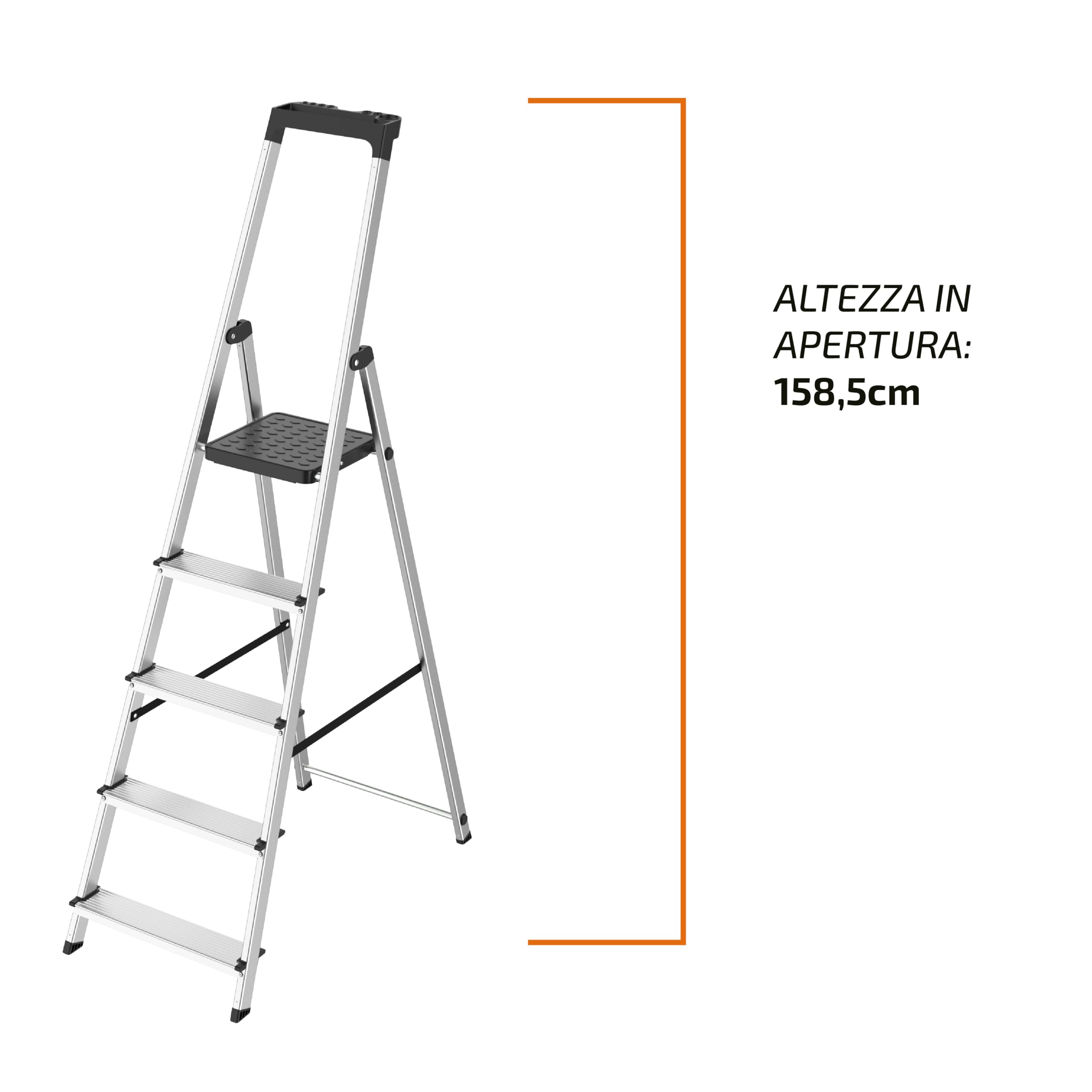 Scala Pieghevole in Alluminio a 5 Gradini con con Vassoio Portautensili Integrato || EN 131 || Portata 150kg || Struttura Robusta e Leggera per Casa, Ufficio e Fai da Te