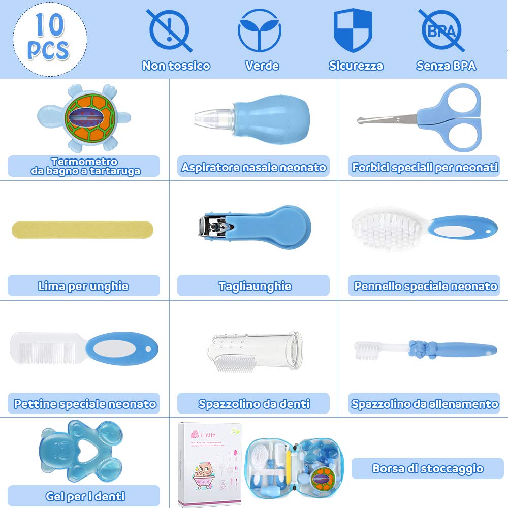 Lictin Set per la Cura del Bambino - Beauty BabyCare - Calibro, pettine, spazzolino da denti, dispositivo di aspirazione nasale e altri accessori (azzurro)