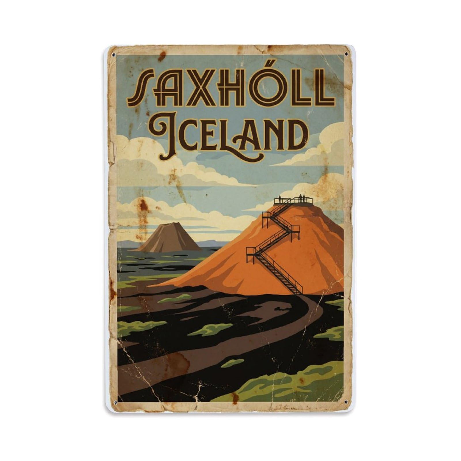 Vintage Travel Saxholl Iceland Crater Metal Tin Sign