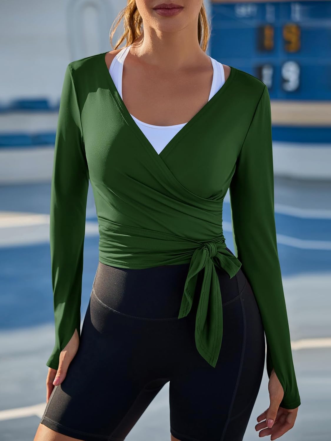 Fisoew Womens Wrap Tie Tops Long Sleeve Workout Crop Wrap Shirts Casual Lightweight Ballet Pilates Yoga Active Tops - Image 2