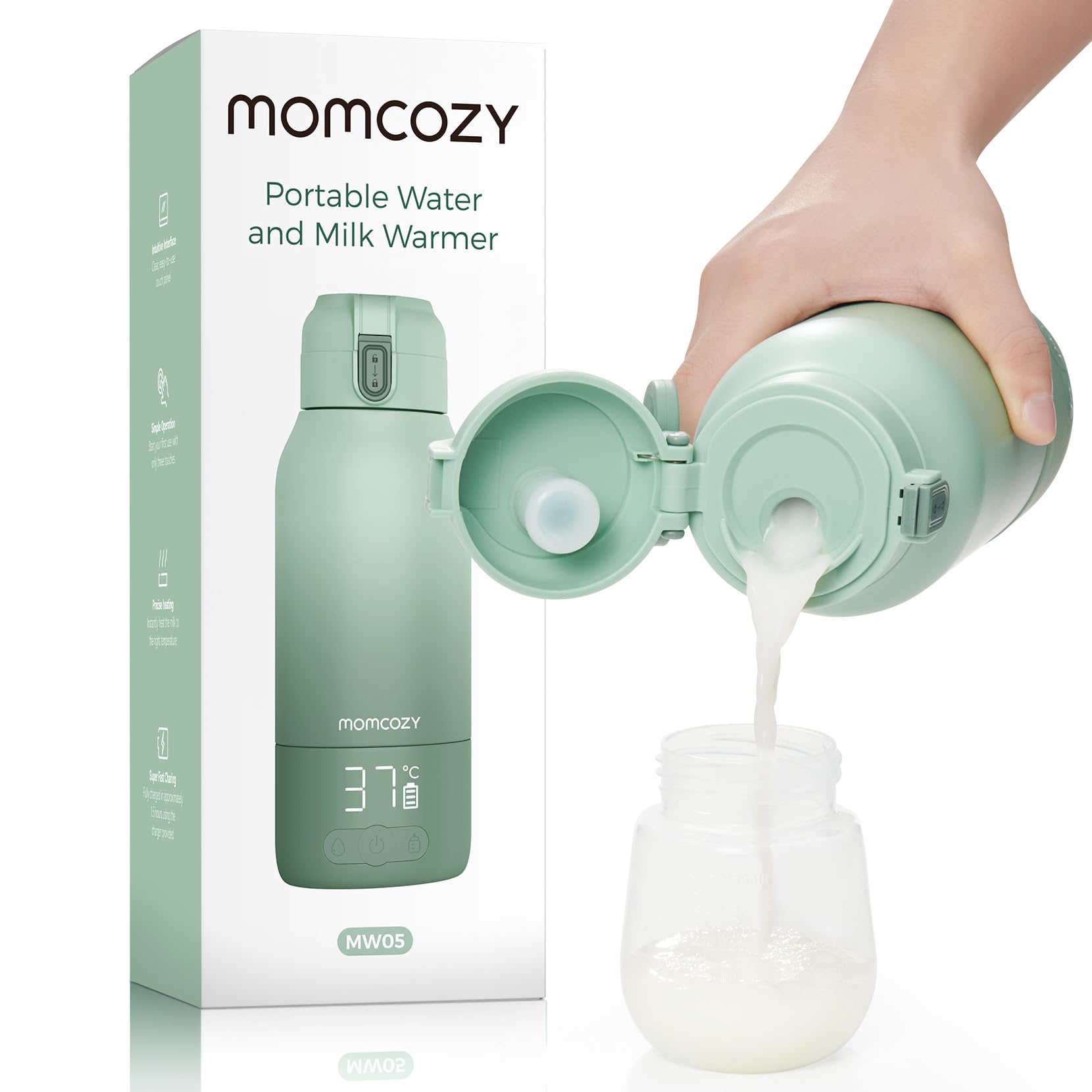 Momcozy Tragbarer Flaschenwärmer Baby für unterwegs  500ml Kapazität + 24x Nutzung/Akku | 2 Heizmodi für Muttermilch & Wasser | Schnellaufheizen in 3 Min.