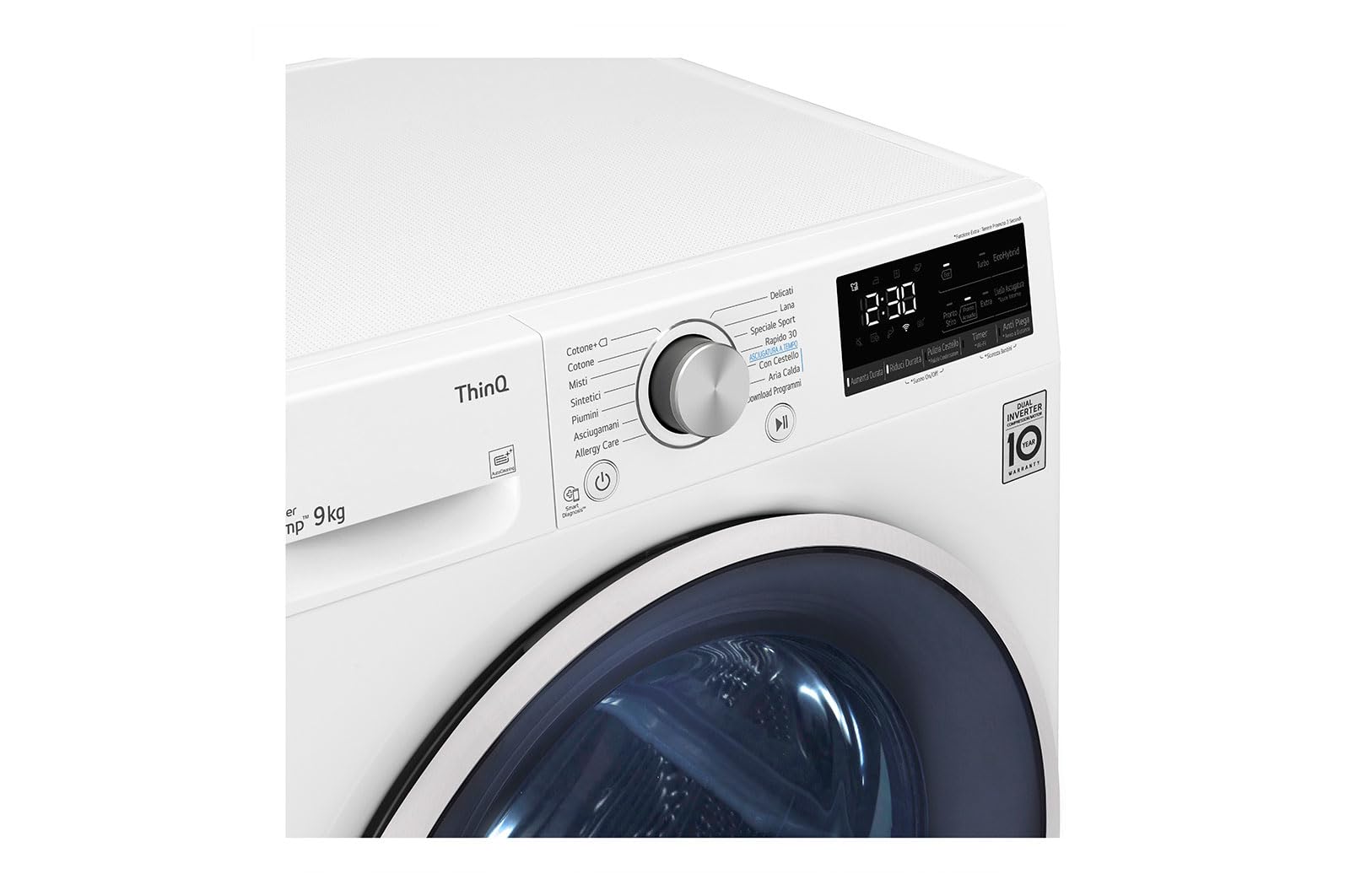 LG RH90V9AVHN Sèche-linge intelligent à chargement frontal 9 kg, classe C, condensation avec pompe à chaleur, Wi-Fi avec SmartThinQ, Eco Hybrid, Allergy Care, 60 x 69 x 85 cm - Blanc