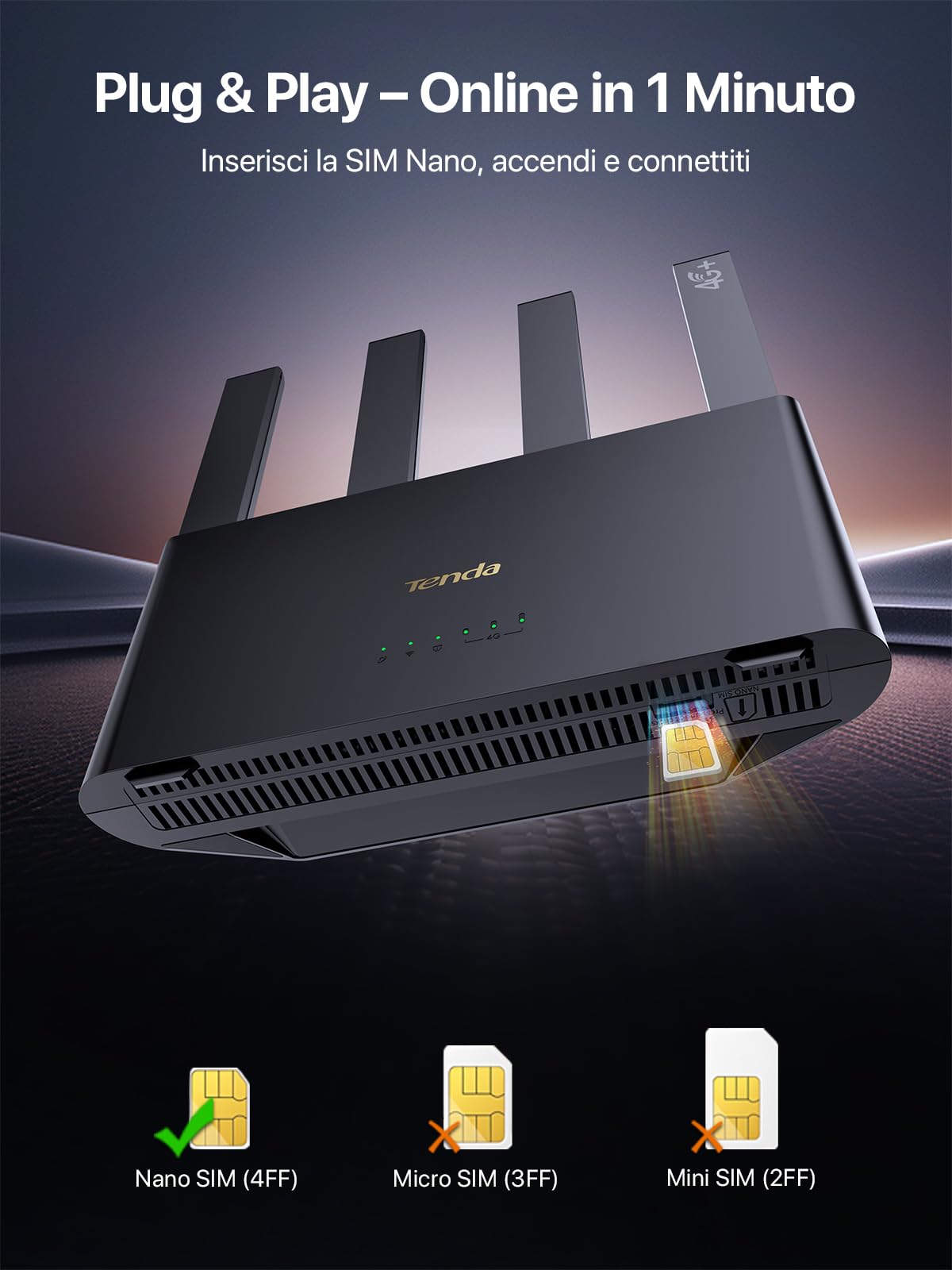 Tenda 4G08 Router 4G+, Router WiFi con SIM, Modem 4G AC1200 Dual-Band, LTE Mobile CAT6 300Mbps, Scheda Nano SIM, 4 Antenne Esterne, Porta LAN/WAN Gigabit, OpenVPN, MU-MIMO, Mesh Wi-Fi+, Plug & Play