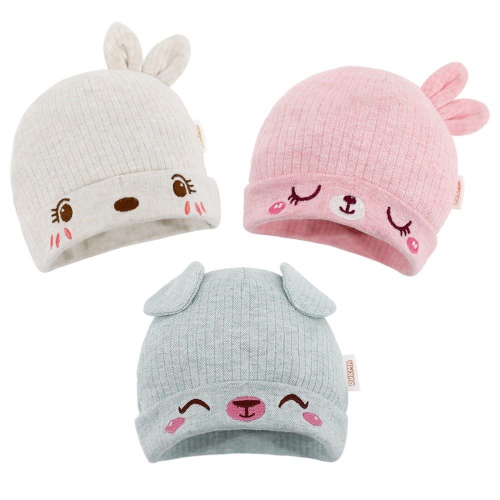 DOKMAOrganic Cotton Toddler Hat Set 3 Cute Animal Ears Design, Beanies for Baby Boys and Girls 0-6 Months, Pink
