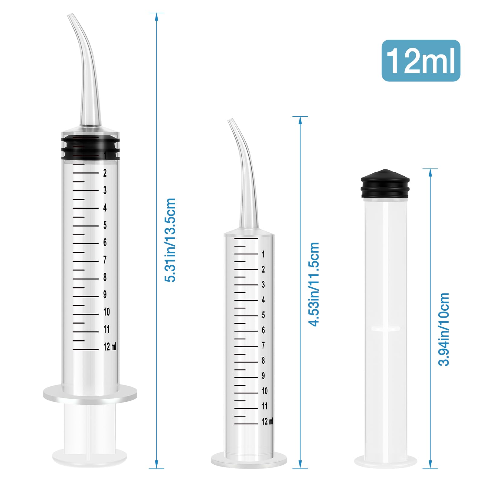 Lot de 4 seringues dentaires de 12 ml seringue dentaire en plastique transparent avec pointe incurvée et verre doseur pour soins bucco-dentaires et nettoyage