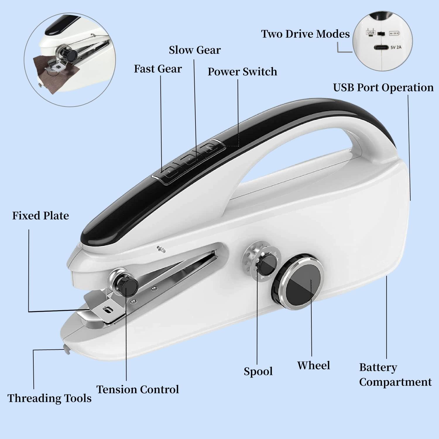 Máquina de coser de mano, mini máquina de coser portátil para principiantes, kit de máquinas de coser eléctricas, 2 modos de potencia, para coser ropa, tela, hogar y viajes 6