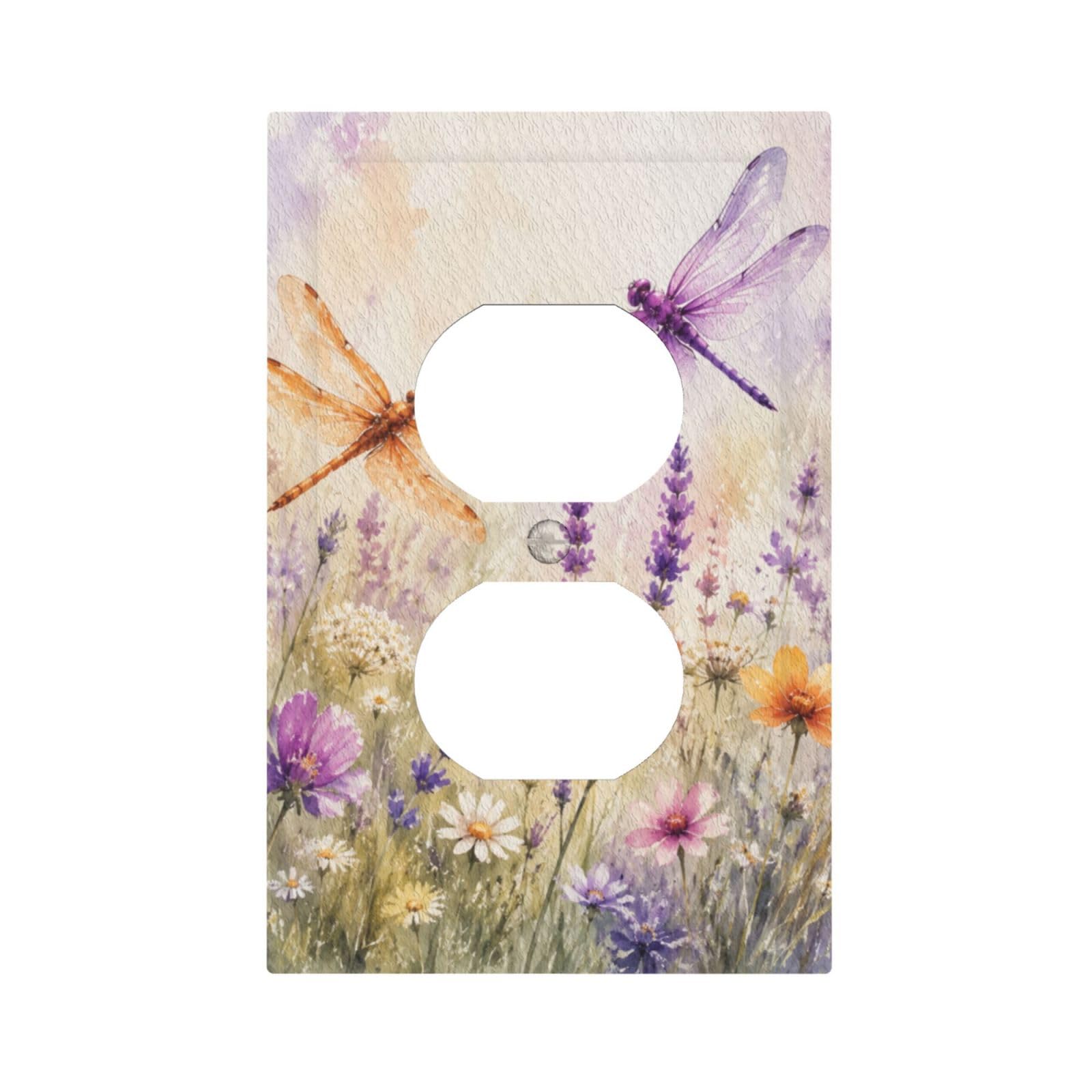 Dwbguo Decorative Outlet Covers Watercolor Dragonfly Lavender Floral 1 Gang Duplex Light Switch Cover Plate Vintage Purple Flower Unique Wall Plates Switch Plate Cover for Bedroom Home Decor