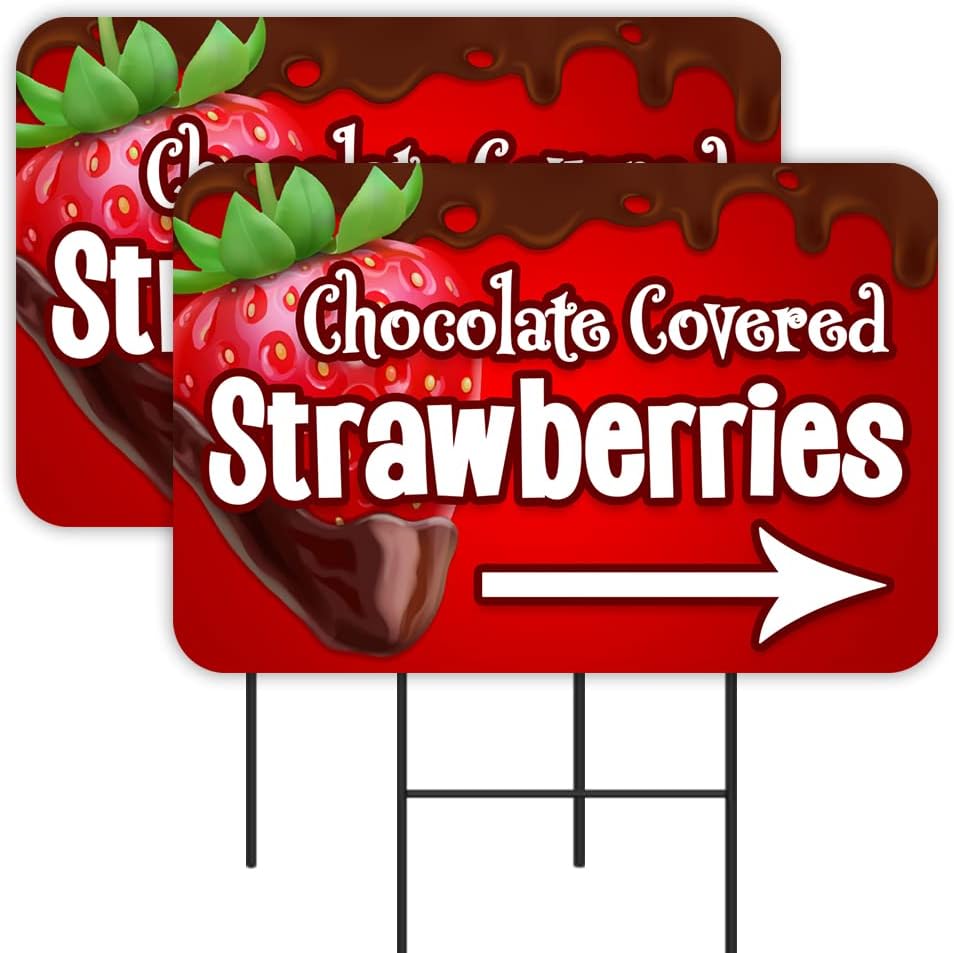 Chocolate Covered Strawberries 2 Pack Double-Sided Yard Signs 16" x 24" with Metal Stakes (Made in the USA)