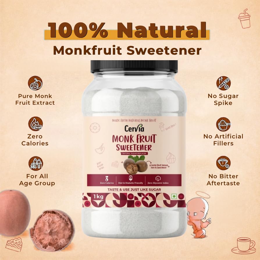 Image of Cervia Monk Fruit Natural Sweetener 1Kg | 100% Natural Sugar Replacement | Zero Calories | Zero Glycemic Index | No Blood Sugar Spike | Diabetic & Keto Friendly | No Bitter Aftertaste | For Tea, Coffee & Cooking