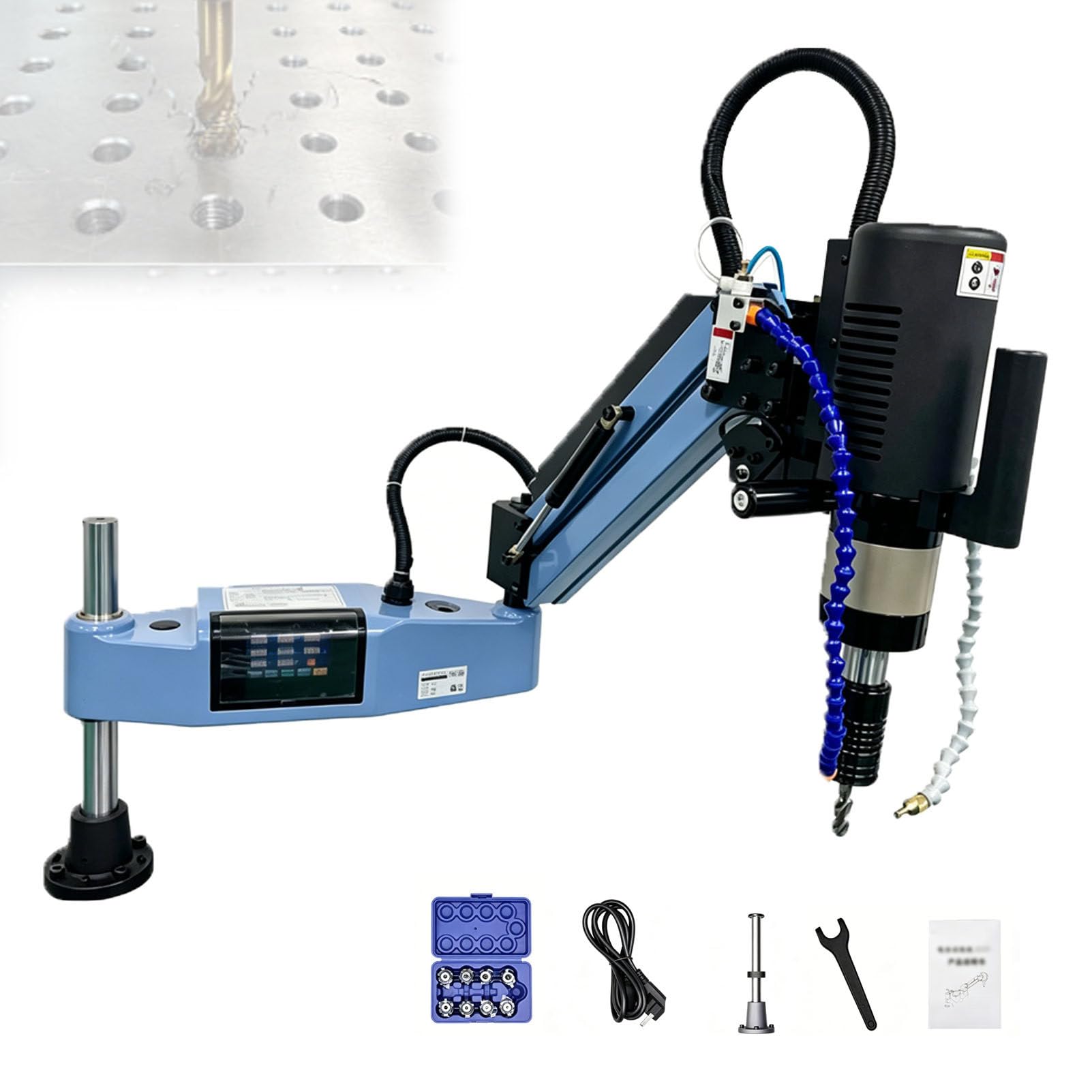 Pfps Electric Tapping Arm M3-M16, 600W Motor, with Auto-Oiling & Chip Blowing, 0-375 RPM, 1100mm Reach, 8PCS Collets for Stainless Steel, Alloy Processing