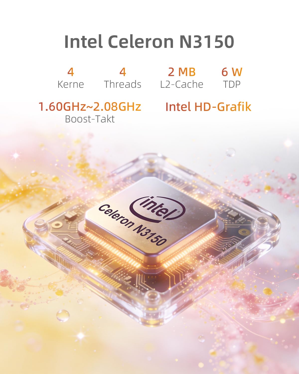 Mini PC N3150 (4 Kerne/4 Threads, bis 2,08 GHz), 8 GB RAM + 256 GB SSD, Dual USB-C Mini Computer, 2× 2K Display, WiFi 5, Bluetooth 4.2, RJ45 LAN, USB 3.0, 6 W TDP, kompakt & energieeffizient