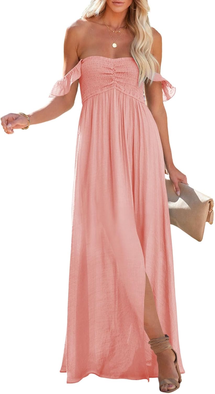 Happy Sailed Women's 2025 Summer Smocked Off The Shoulder Maxi Dresses Ruffle Short Sleeve A Line Side Slit Sundress