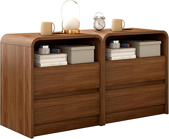 Modern Nightstand, 23.6-Inch Wide with Charging Station & Curved Anti-Collision Design, Mid-Century Storage Cabinet, Pre-Embedded Slots, Sturdy & Reusable, Ideal for Dorm, Sofa, or Office (2)