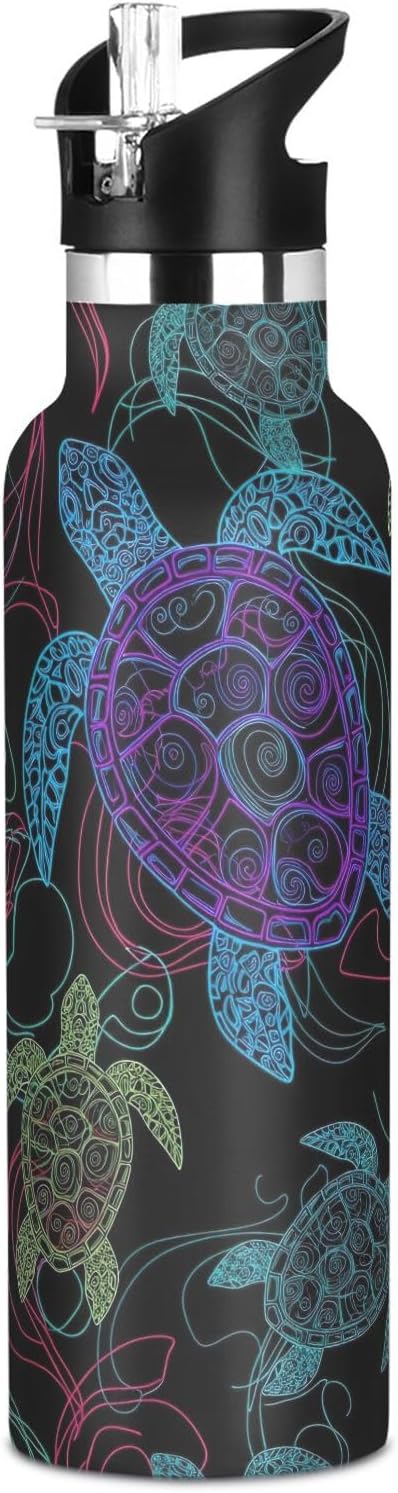 Botella de agua para niños para la escuela, a prueba de fugas, botella de agua aislada de 20 onzas, sin BPA, tortugas marinas neón