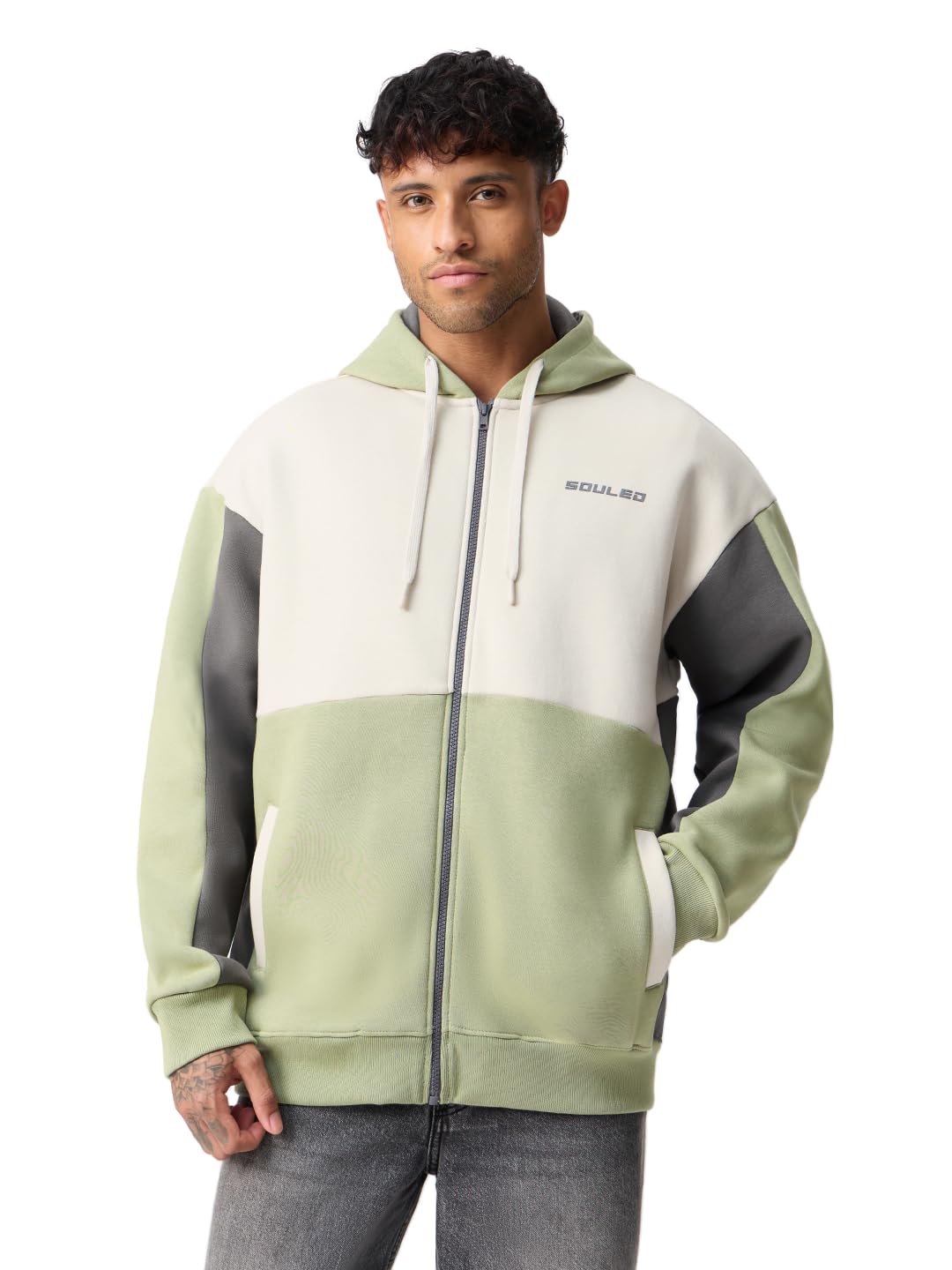 Colourblock Hoodie: Sage Stone Men and Boys Full Sleeves Hooded Neck Green Cotton Blend Drop Shoulder Streetwear Trendy Oversized Fit Zipper Hoodie-image-48