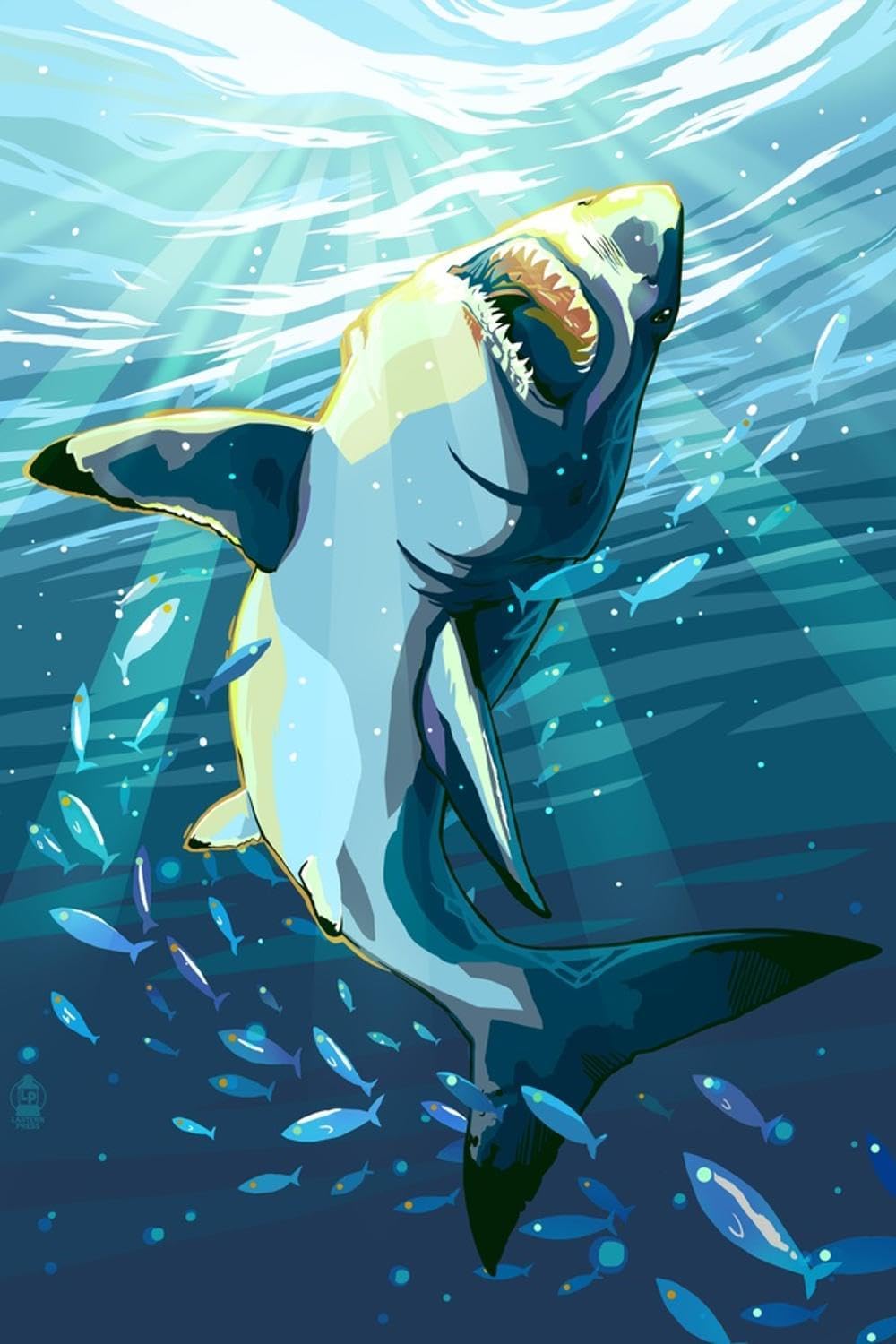 ART.COM Wall Art Print Stylized Great White Shark by Lantern Press, 24" x 36"