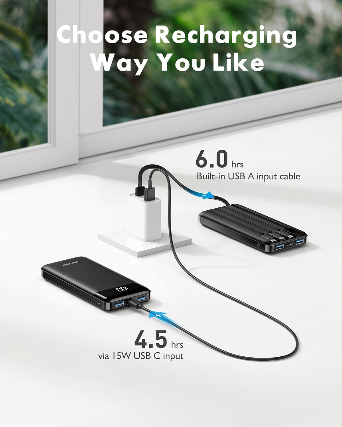 Charmast Power Bank 10000mAh con Cables Integrados, USB C Cargador Portátil 5V / 3A Powerbank Pantalla LED con 6 Salidas y 3 Entradas para iPhone Samsung Huawei Xiaomi — view 5
