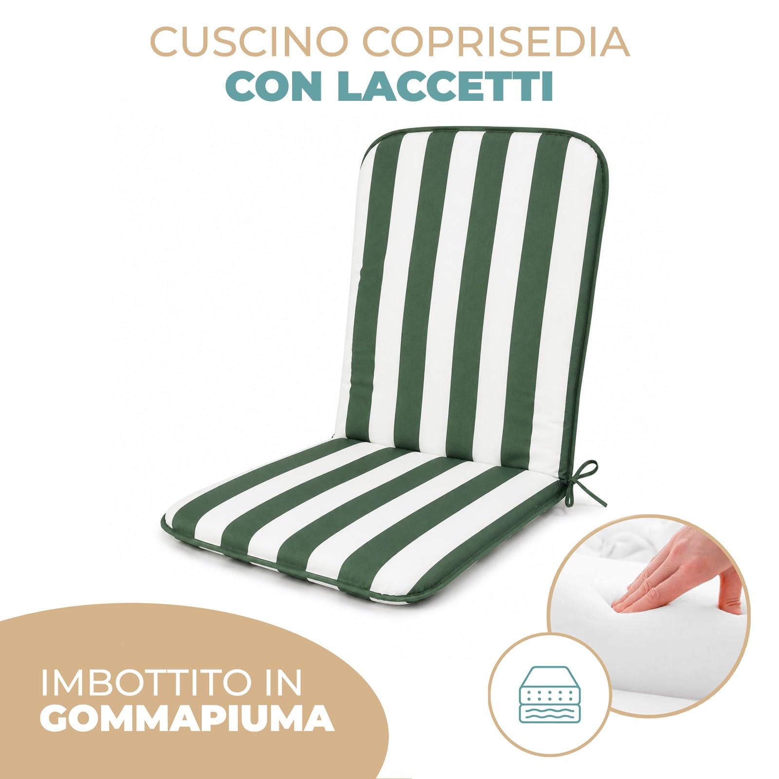 PARAMAISON Cuscino Sedia con Schienale 45x90 cm, Coprisedia Giardino Imbottito 3 cm, con Laccetti ed Elastico Antiscivolo, Universale per Sedie da Esterno | Verde