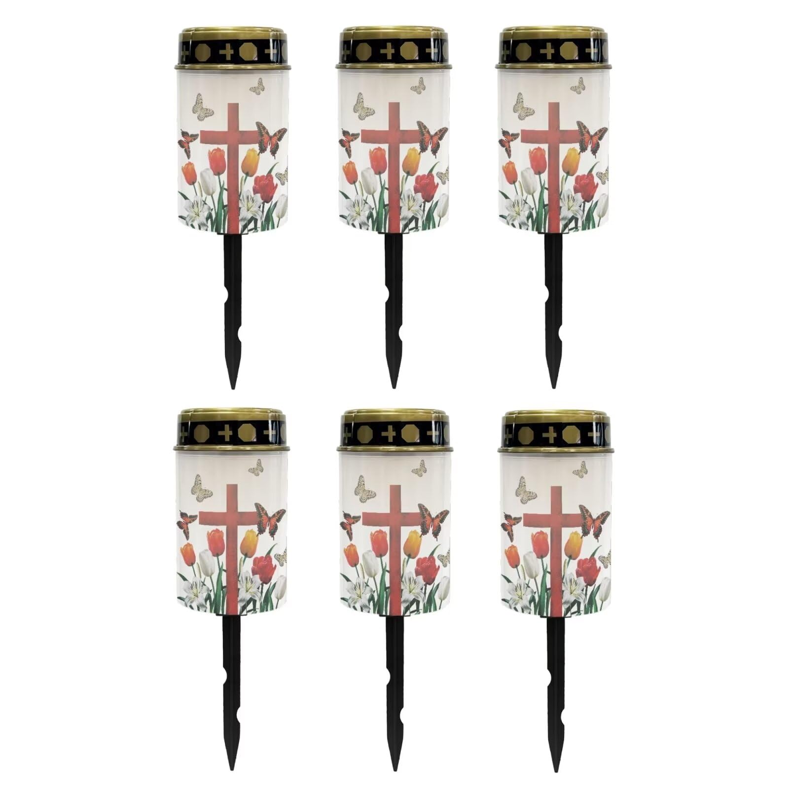 Poceacles Cross Solar Outdoor Lights Waterproof Cemetery Lights Solar Powered Grave Candle Lights Outdoor Waterproof Landscape Lights for Lawn Garden Yard, Butterfly Tulip Lily Red Cross, Pack of 6
