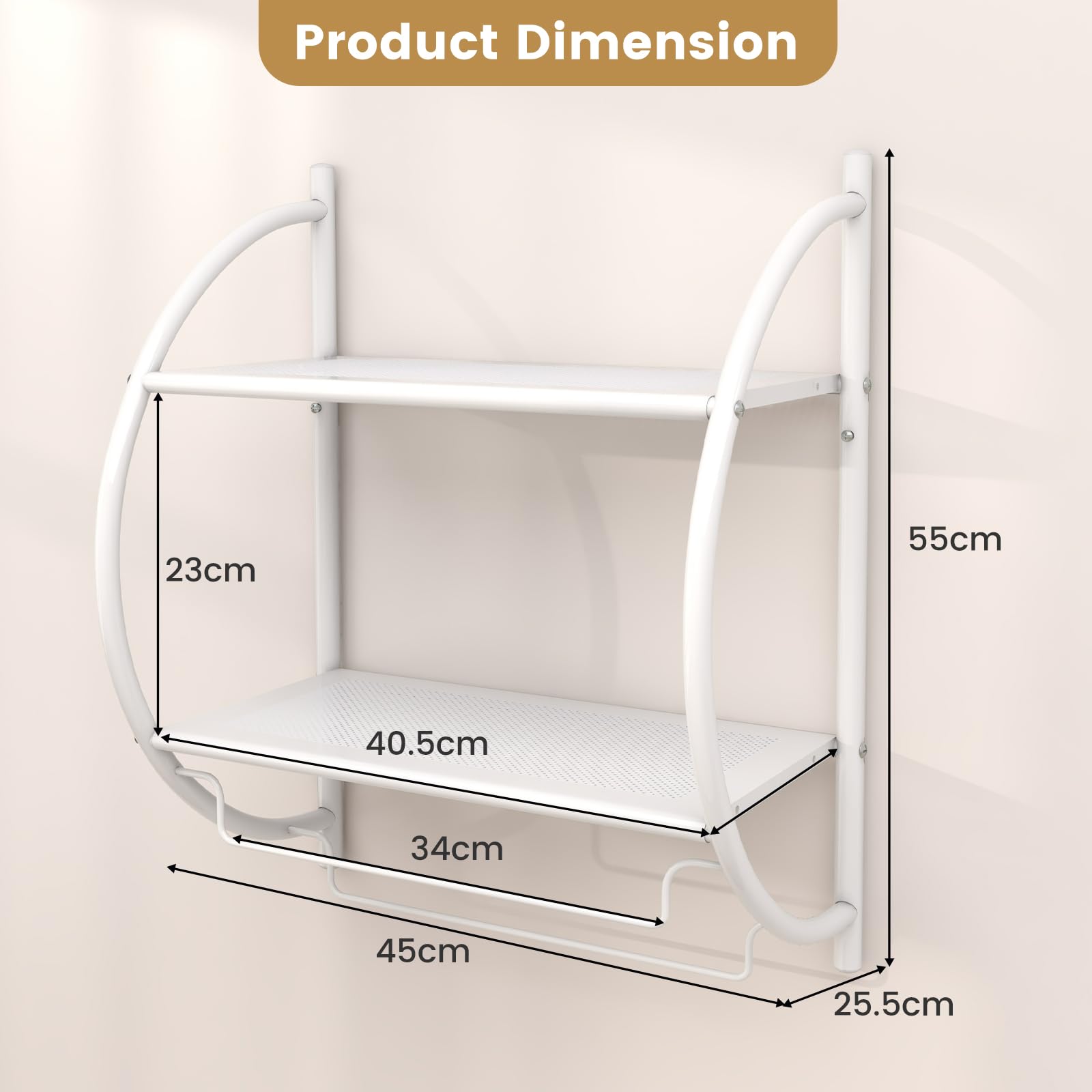 GIANTEX Porta Asciugamani Bagno da Parete, Mensola Doccia con 2 Ripiani e 2 Portasciugamani, Antiruggine, 45x25,5x55 cm Bianco