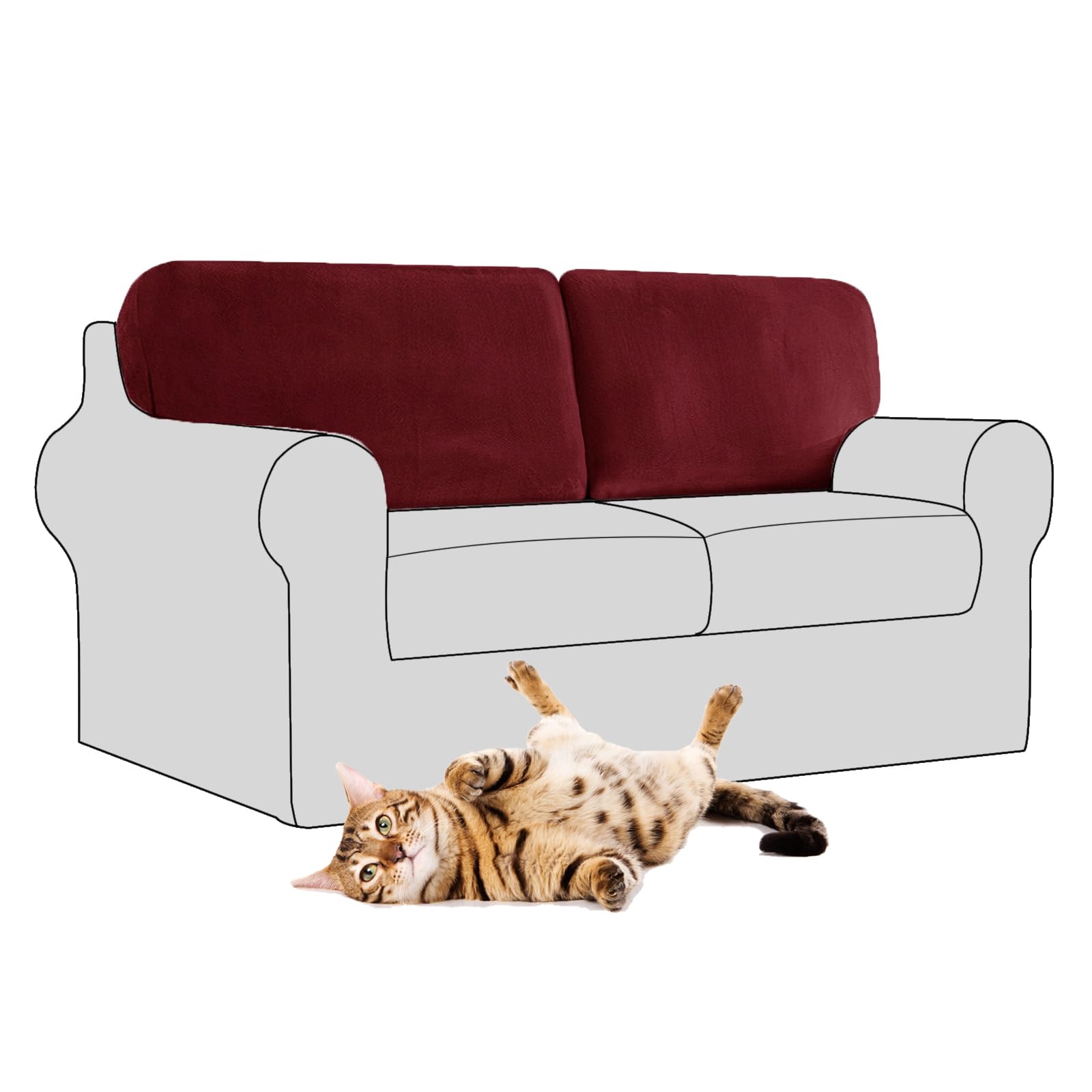 SYLC Stretch Velvet Sofa Backrest Cover, Back Cushion Covers Non-Slip Sofa Cushion Slipcovers for Couch Chesterfield Caravan RV Dinette (Wine red,2 pcs Rectangle L)