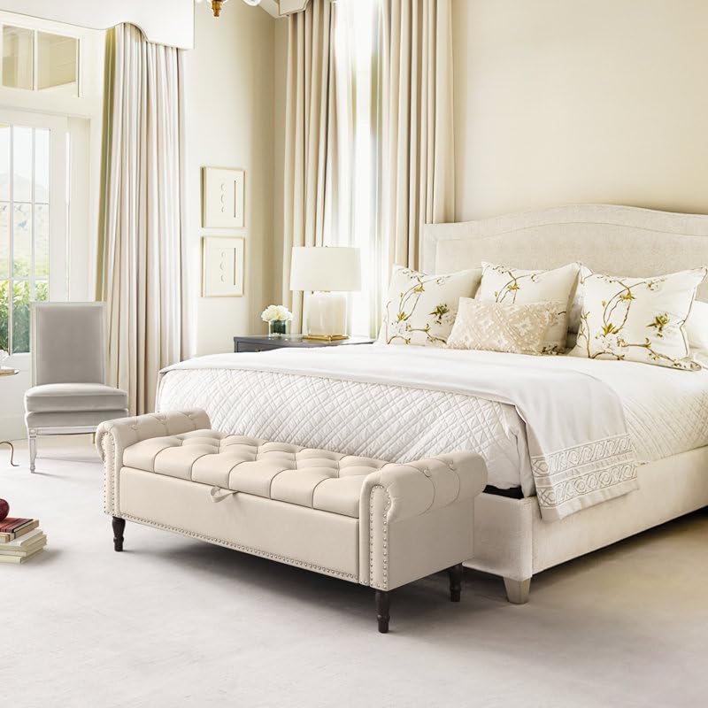 Image of 3-Seater Upholstered Ottoman Bench with Storage | White |62.4 x 20.1 x 20.7 Inch| Elegant Multi-Purpose with 6-Inch Wooden Legs for Living Room, Bedroom, Entryway