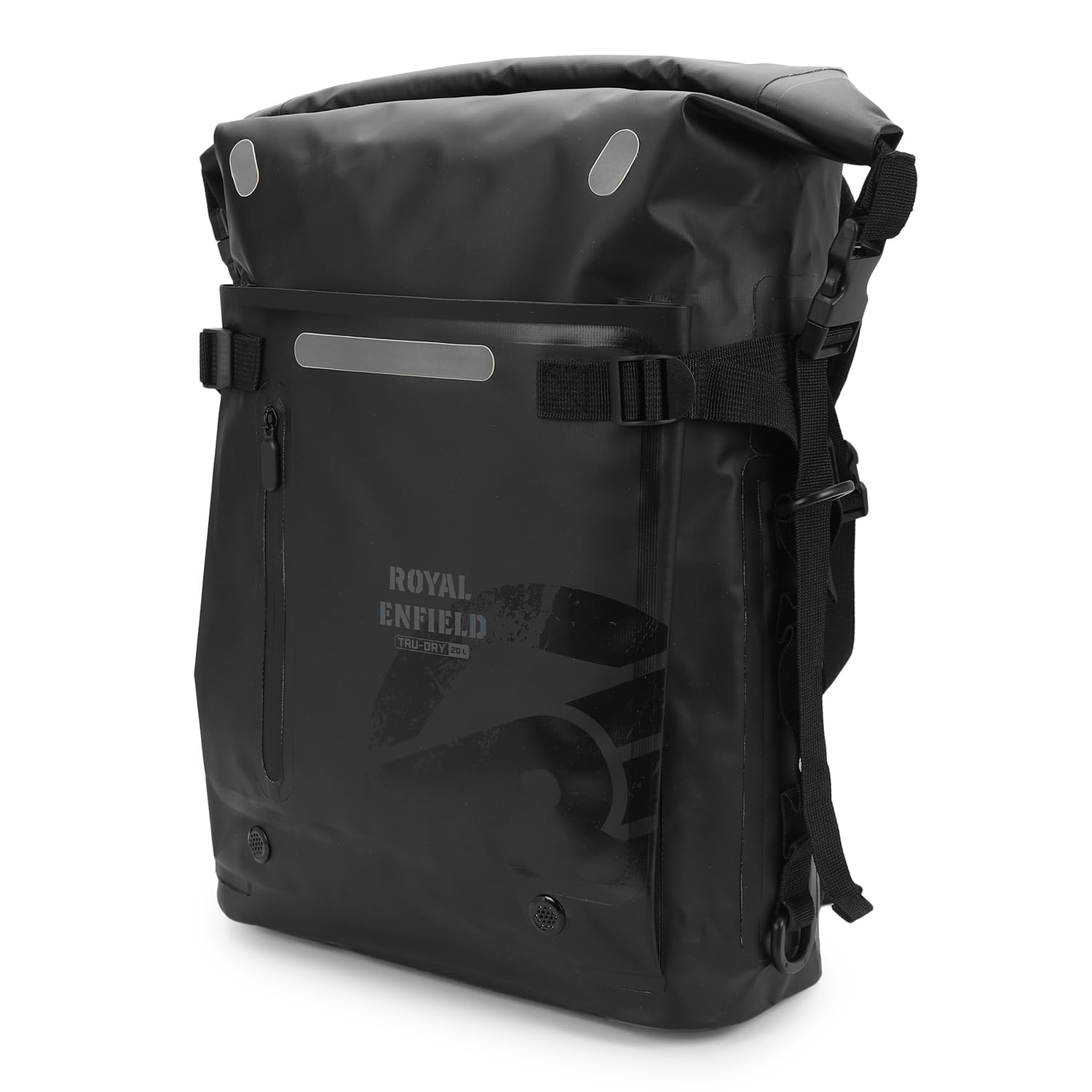 Royal Enfield TRU DRY WP ROLL TOP Bag | Capacity: 25L | PU coated Tarpoline outer material | Seam sealed waterproof zippers | Shoulder support system | Adjusters for outer compartment | BLACK-image-38