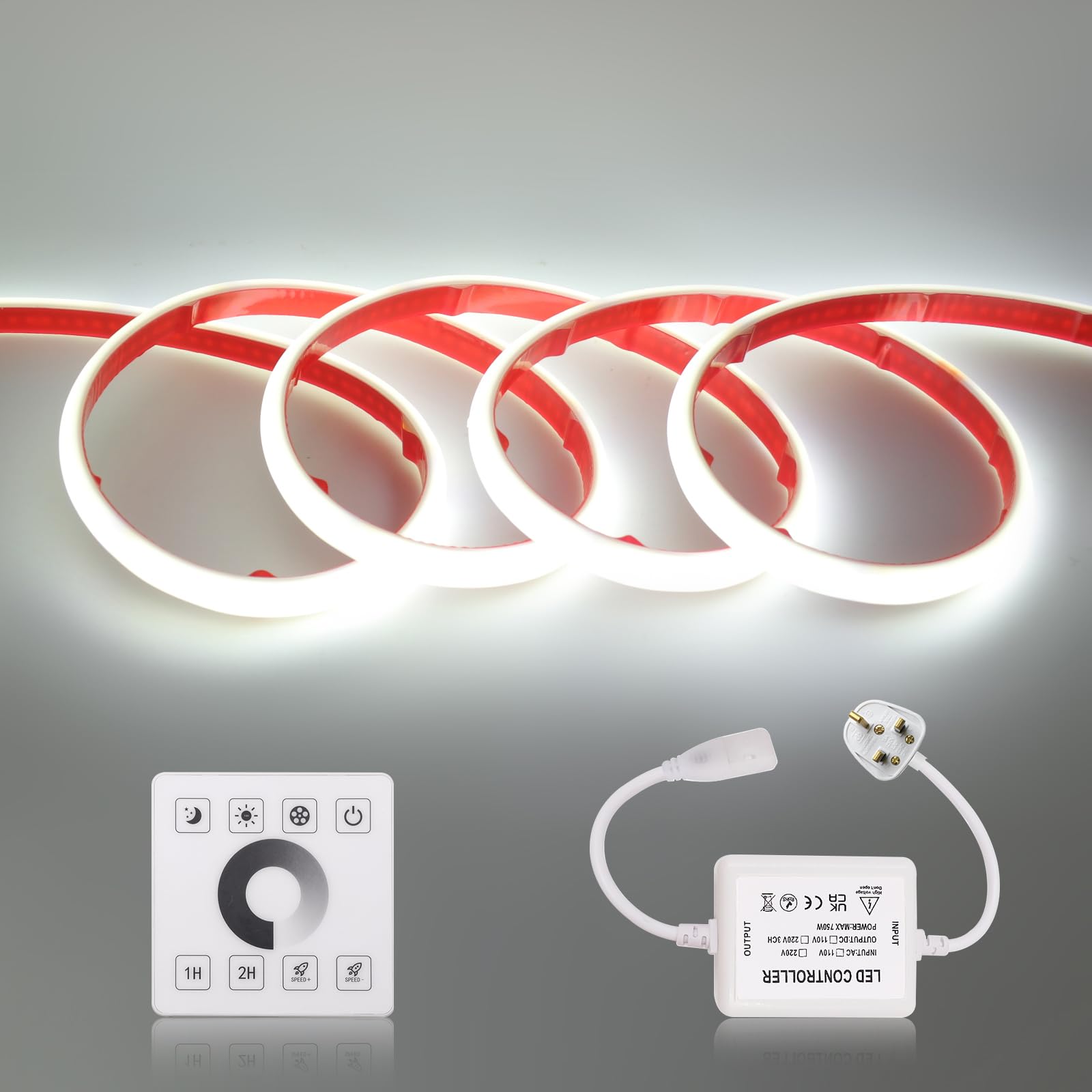 KISUFU 220V COB LED Tape Neon LED Strip, 240 LEDs/m IP67 Waterproof Dimmable Double-Sided Glue Light Strip with RF 750w Touchscreen Dimmer for Kitchen, Living Room, Party, Bar Decoration