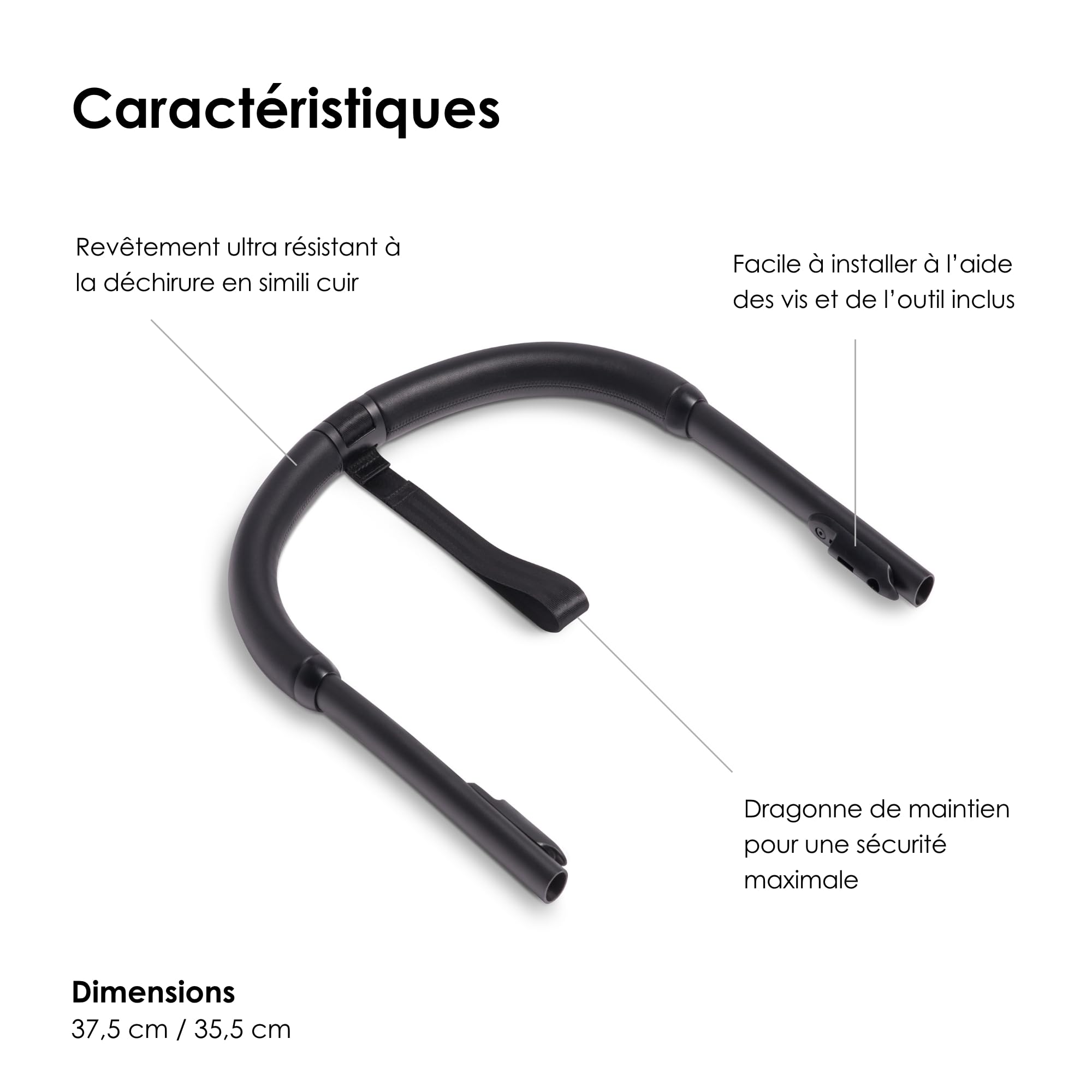 Guidon YOYO, Noir - Revêtement Ultra résistant en Similicuir - Comprend Une dragonne de Maintien - Compatible avec Les poussettes YOYO2 et YOYO+