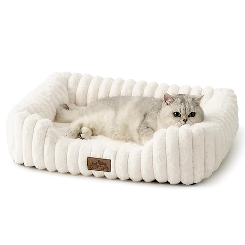 COZY KISS Orthopedic Dog Bed for Small Dogs & Cats - Washable Rectangle Pet Bed with Anti-Slip Bottom, Soft Calming Cat & Puppy Bed for Indoor Pets (25"x21"x6", Cream) - Cream - 63L x 15W x 53H cm