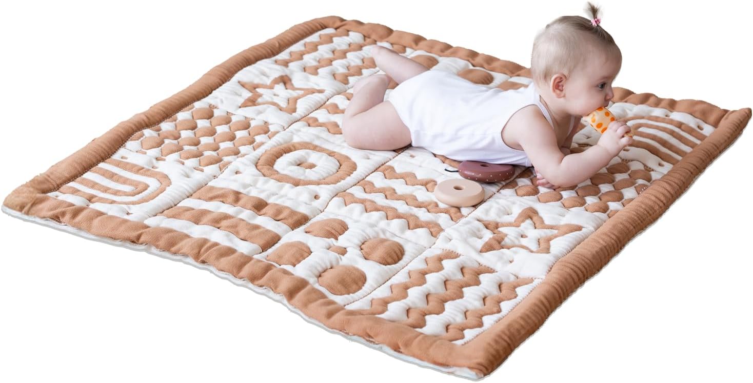 3D Soft Organic Cotton Crawling Blanket – GOTS Certified, 40x40 in Montessori Design for Motor Skill Development, Reversible, No Loose Threads – Washable & Sustainable