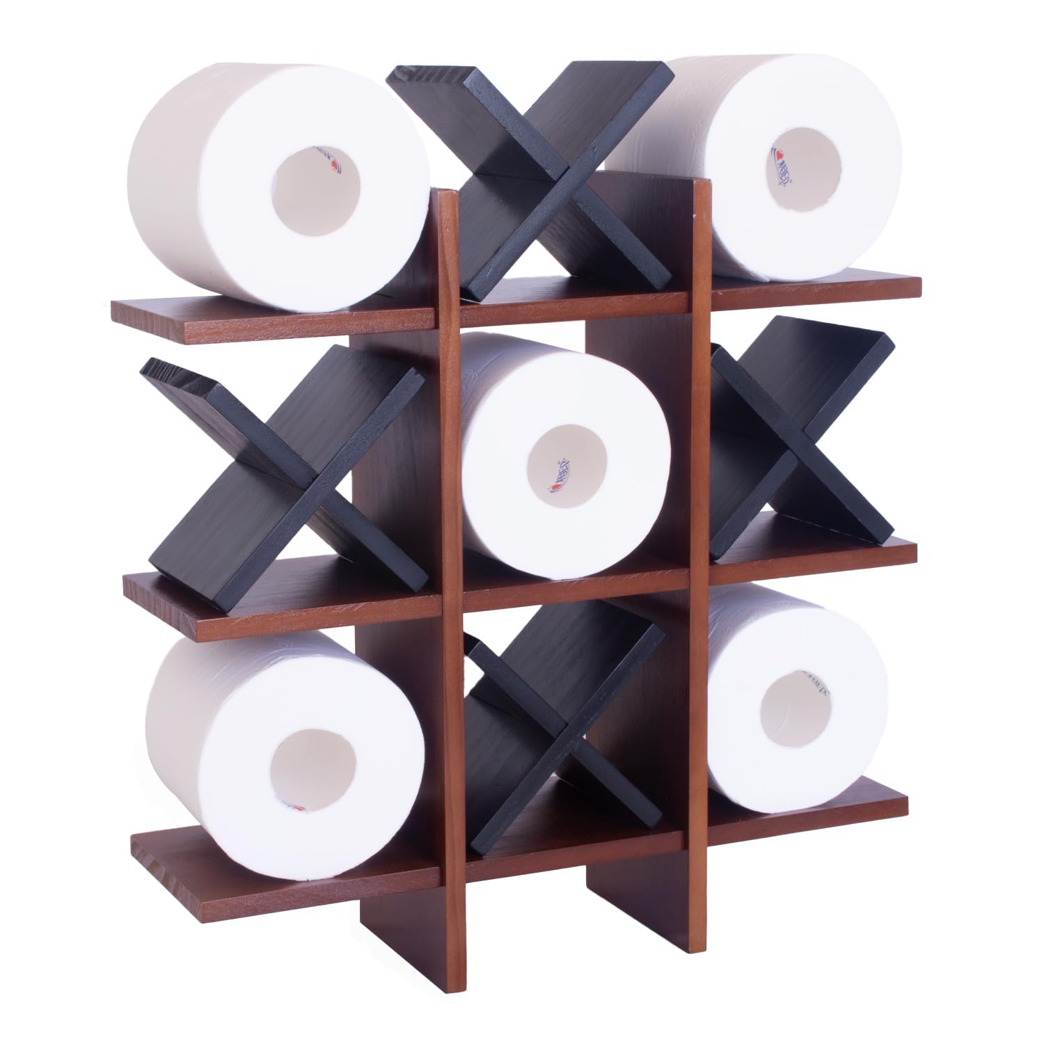 DAOYOUSKY Tic Tac Toe - Soporte de papel higiénico con 4 piezas de madera X, rústico montado en la pared, organizador de almacenamiento de papel higiénico con estante, decoración de baño de invitados,