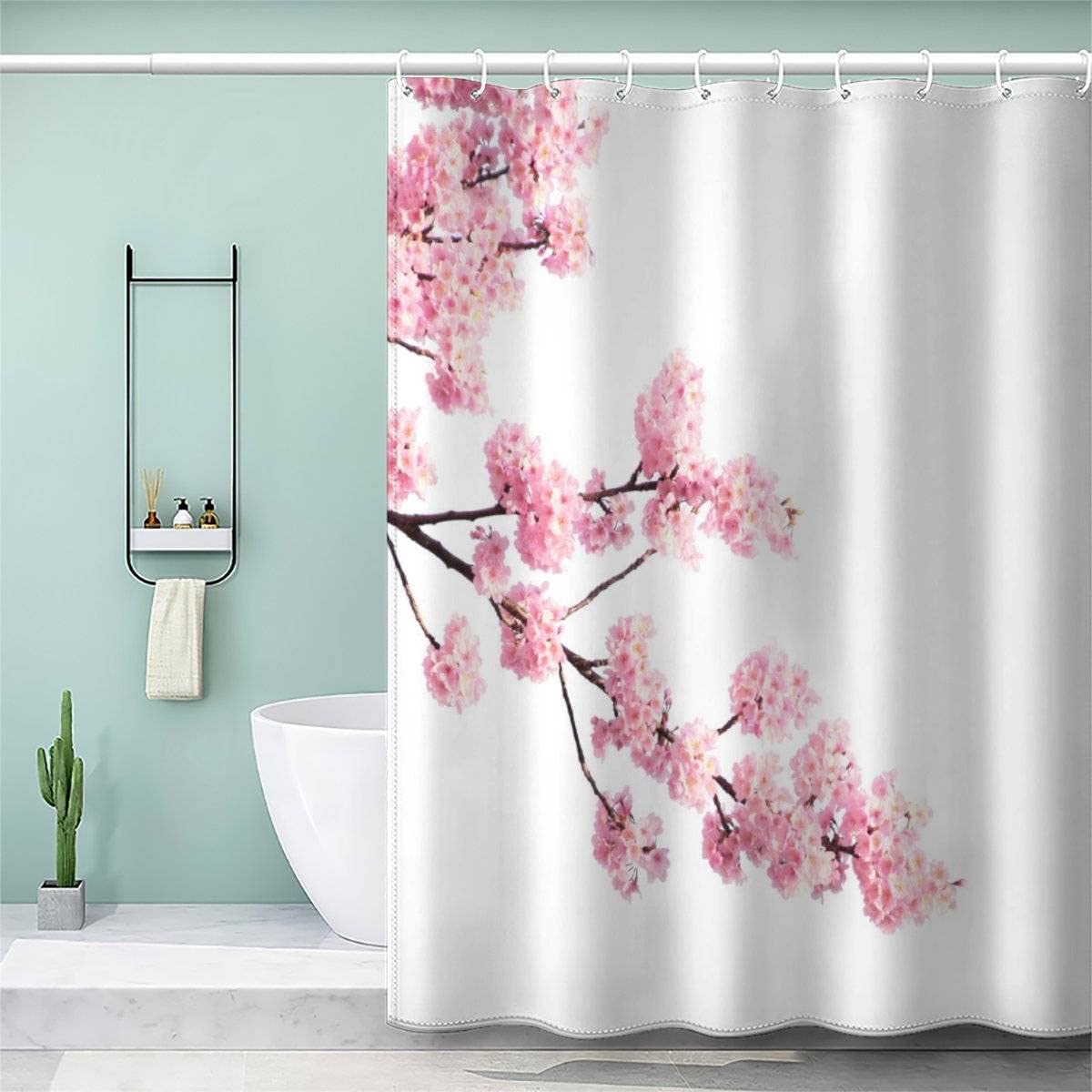 AOLIGL 3D Printed Cherry Blossom Branches Japanese Pink Shower Curtains with 12 Hooks Pink White Weighted Shower Curtain 200x200 Art Deco Luxury Shower Curtain with Eyelets