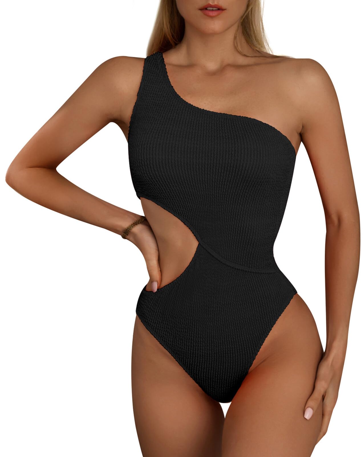 FEOYA Einteiliger Badeanzug Damen Cut Out One Shoulder Bademode Gerippt Monokini Bauch Kontrolle Badeanzüge Push Up