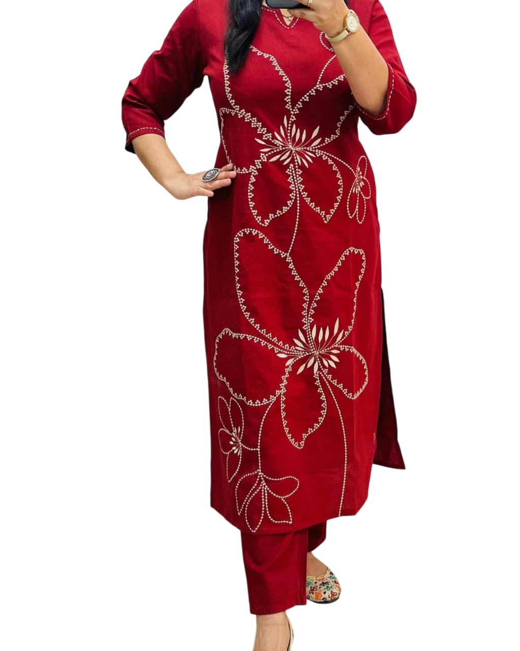 Women's Big Flower Embroidery Set, Viscose Rayon with Floral Thread Work, 3/4 Sleeve Casual Ethnic Wear