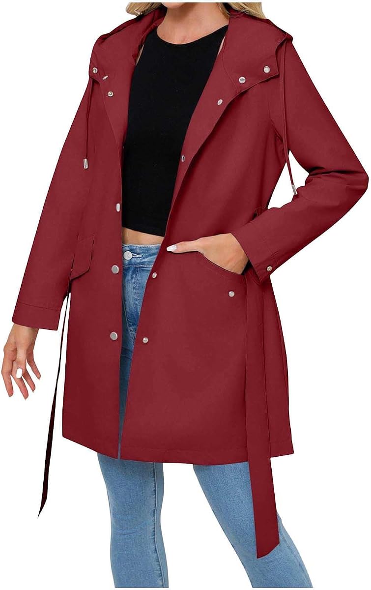 Women's Hooded Rain Jacket Mid Length Drawstring Trench Coat