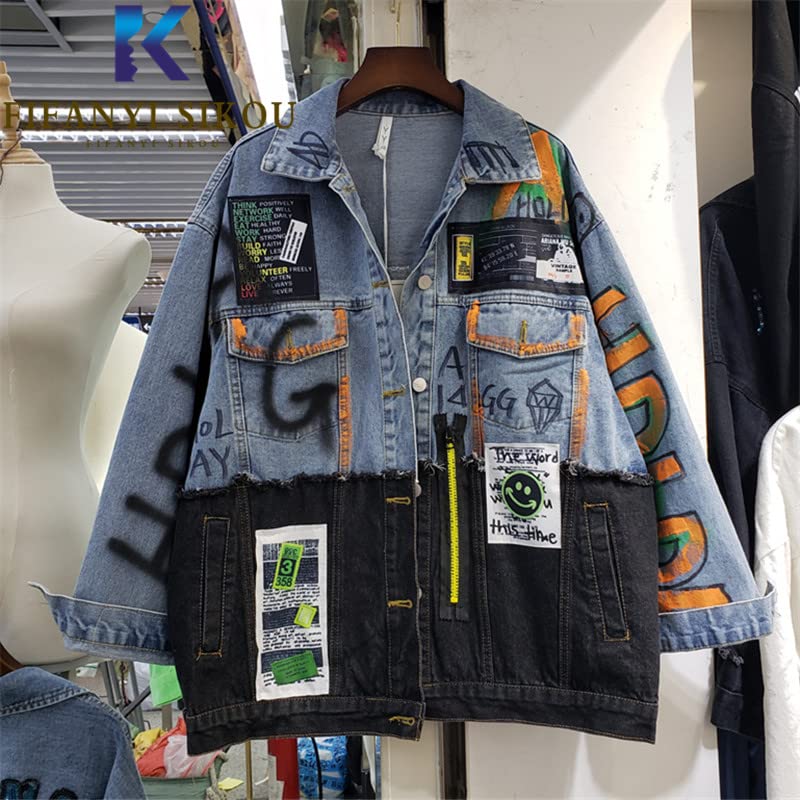 Jeans Jacket Women Streetwear Fashion Spliced Graffiti Print Denim Pocket Lapel Loose Patchwork Hip Hop Coat,Blue,M3