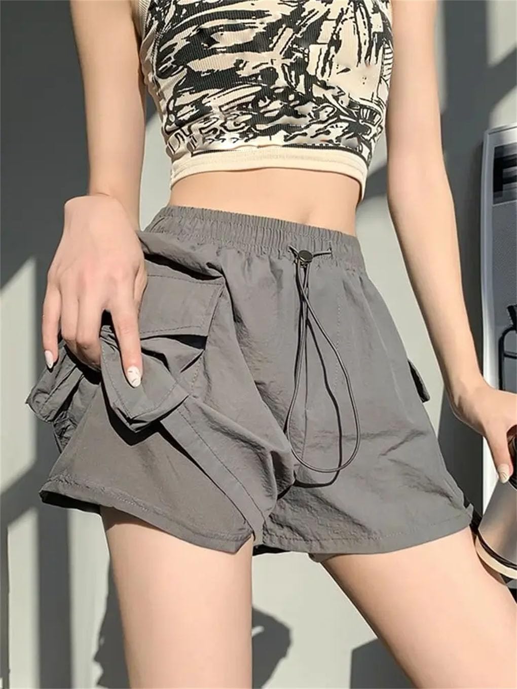 Short taille haute avec cordon de serrage pour femme - Séchage rapide - Poche - Vêtements de travail et de sport