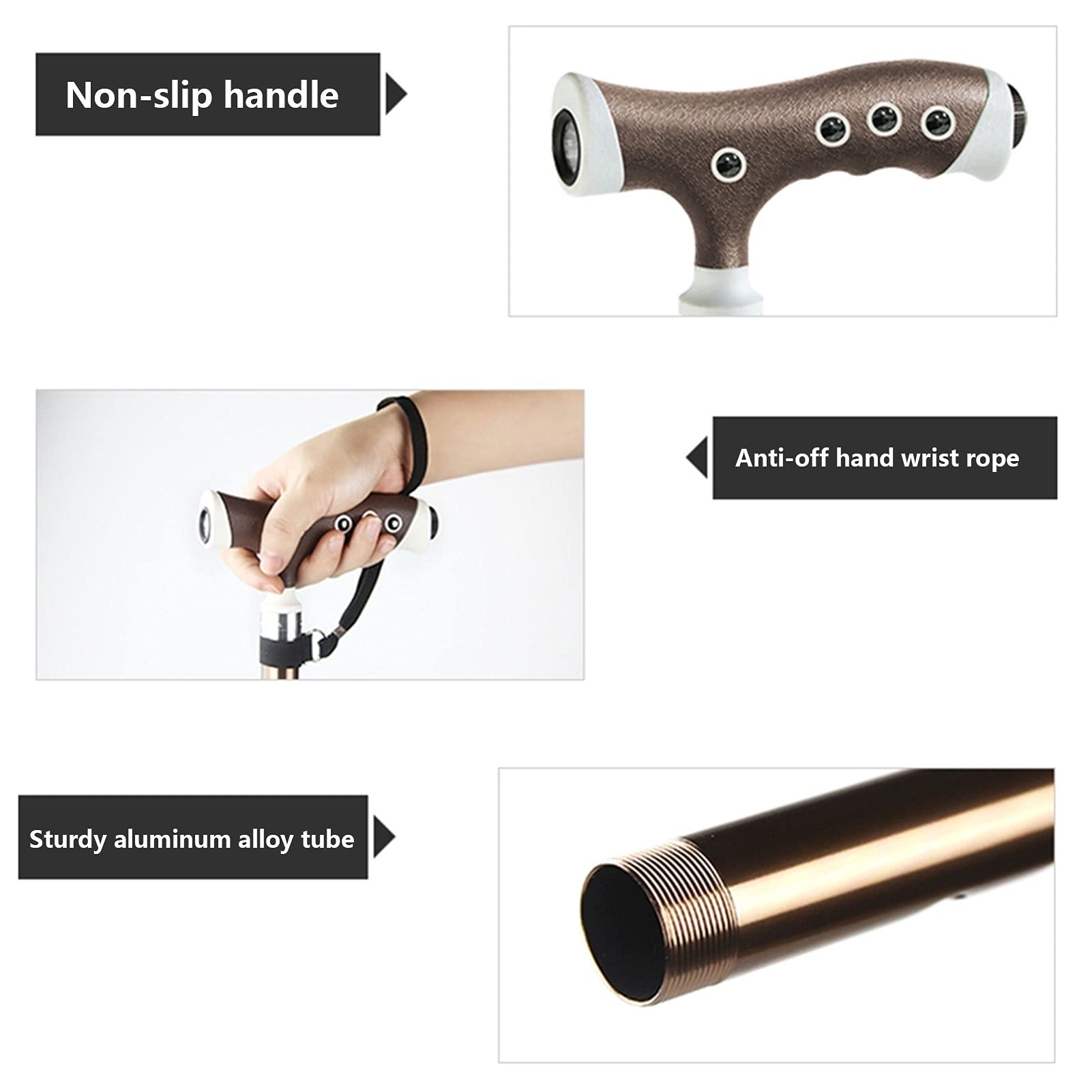 Altura Ajustable Caminar bastón de bastón para Mujeres y Hombres, Bastones Ajustables con luz LED, palitos de Aluminio para la Artritis de Ancianos, Personas Mayores y discapacitados (marrón)