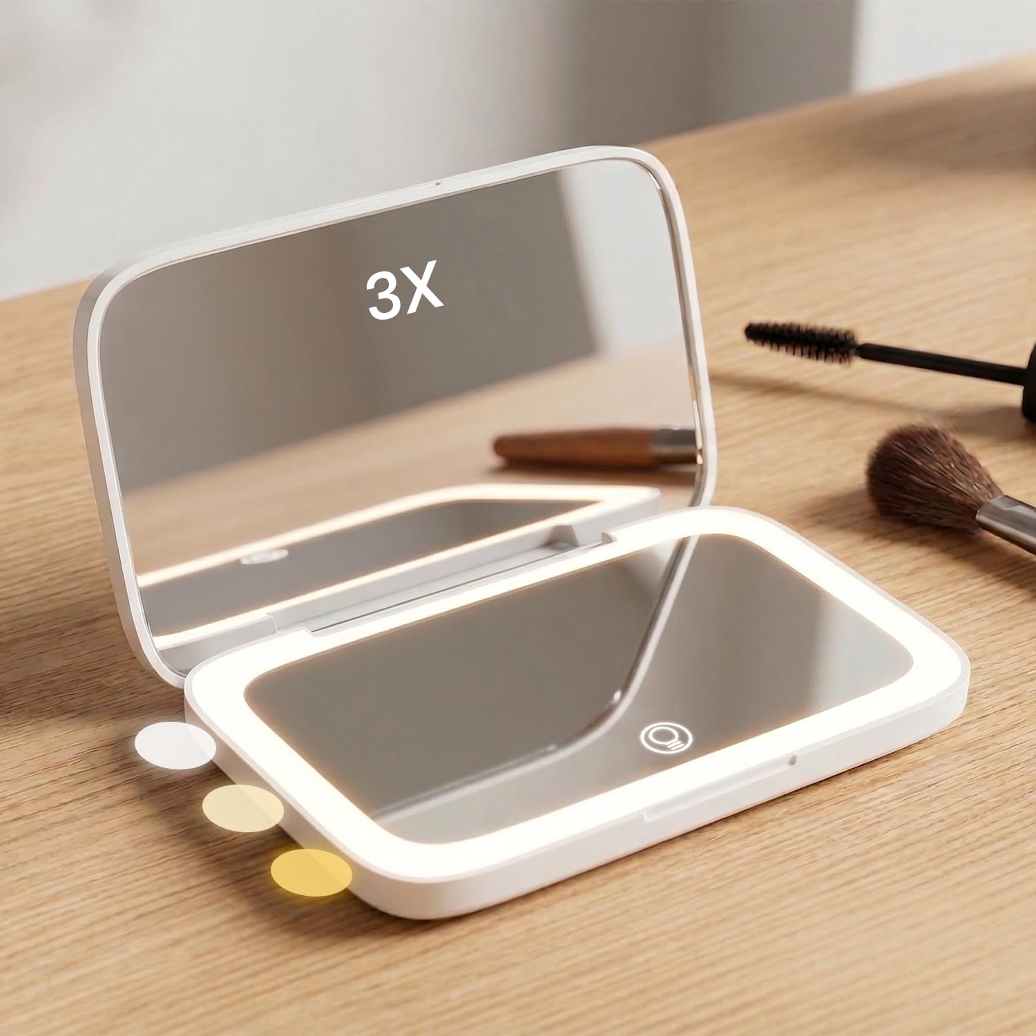 Round Tabletop Vanity Mirror with 3-Color LED Lights & Storage Tray | Rechargable with USB Micro-B Cable | Portable & Foldable Travel Makeup Mirror with Light | Stand Mirror (White)-image-28