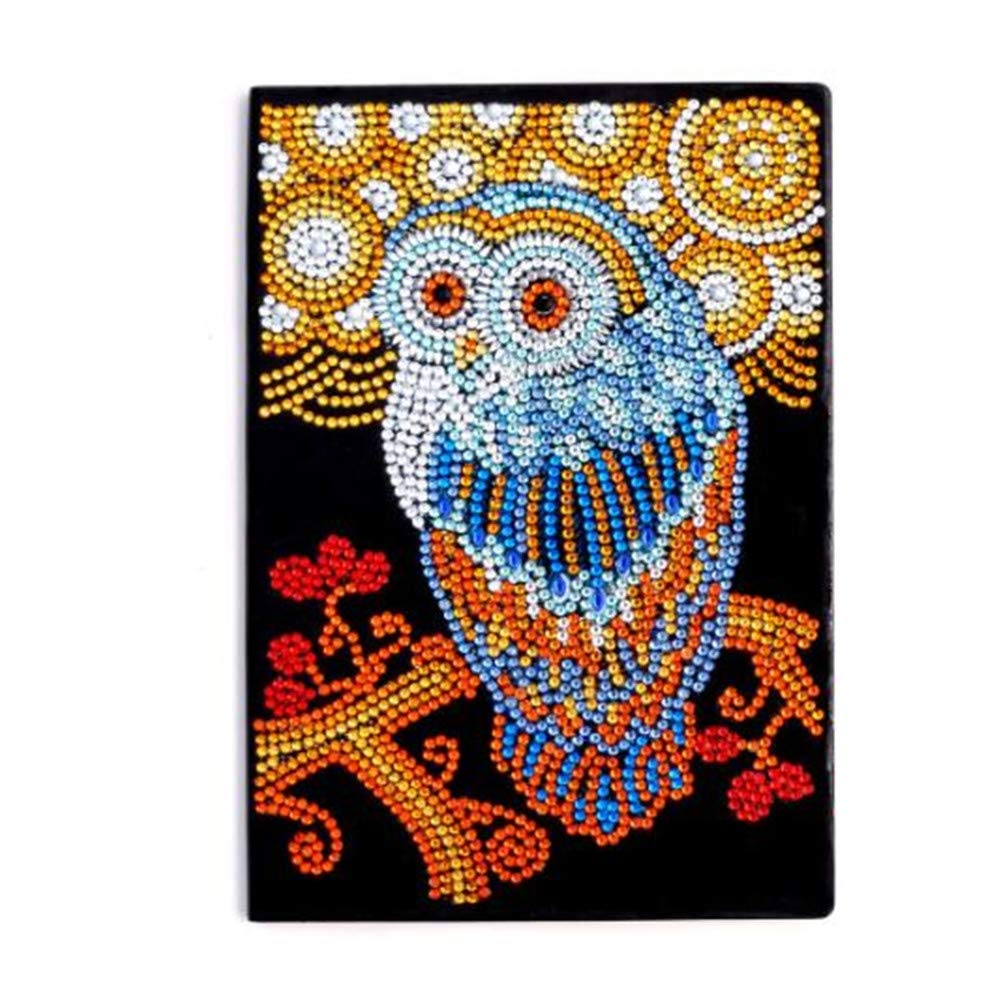 Uteruik A5 Writing Notebook with DIY Diamond Painting Kits Owl Printed Leather Cover Daily Journal Sketchbook Diary 50 Plain Pages