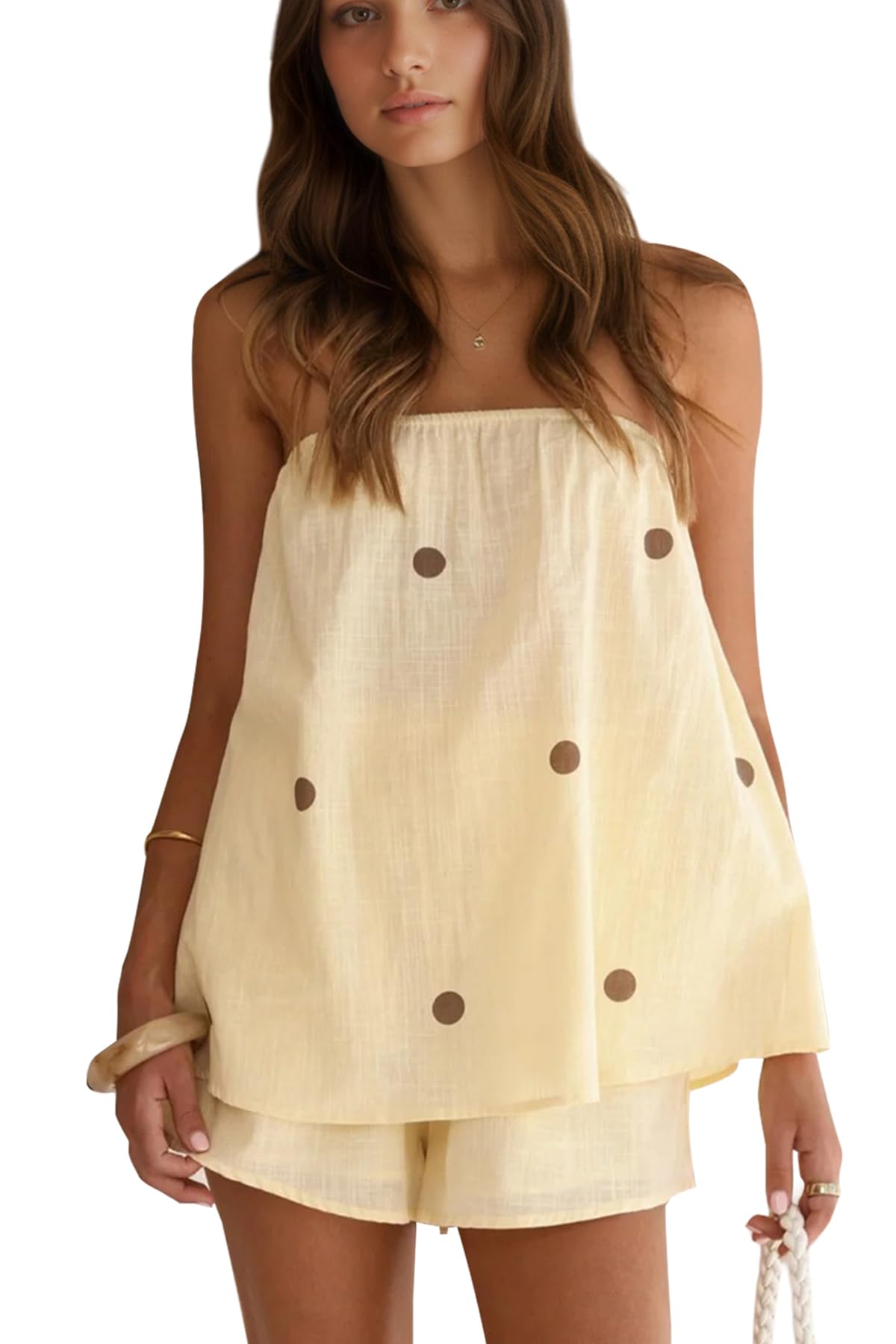 Photo 1 of calbatic Polka Dot 2 Piece Shorts Set Summer Lounge Sets Strapless Top and Shorts Matching Airport Travel Vacation Outfits