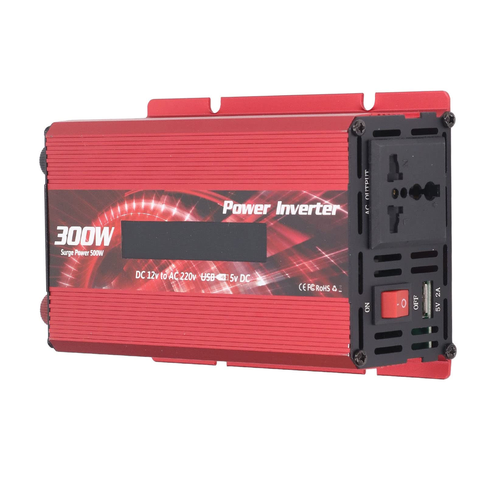 YWBL-WH Konwerter Samochodowy Aluminiowy Falownik 300 W DC 12 V na AC 220 V z 2 A USB Wentylator Chłodzący z Wyświetlaczem LCD Do Podróży Samochodem Wycieczki Drogowe Do Użytku na Zewnątrz (czerwony)