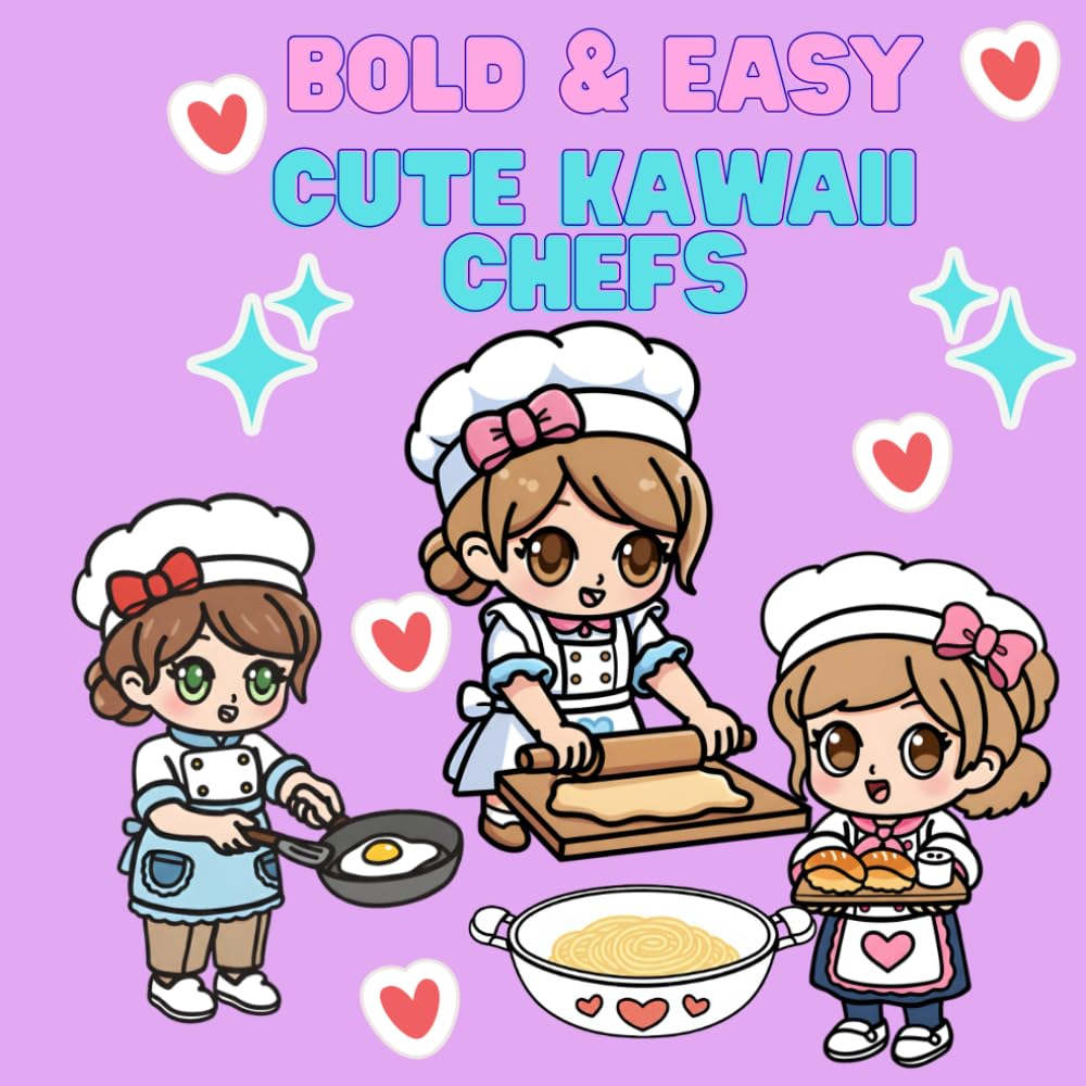 Bold & Easy Cute Kawaii Chefs - Simple Stress-Relief Designs: Coloring Book for Adults and Teens Featuring Cute Kawaii Chefs, Cozy Kitchen Tools, Appliances, and Food-Themed Pages