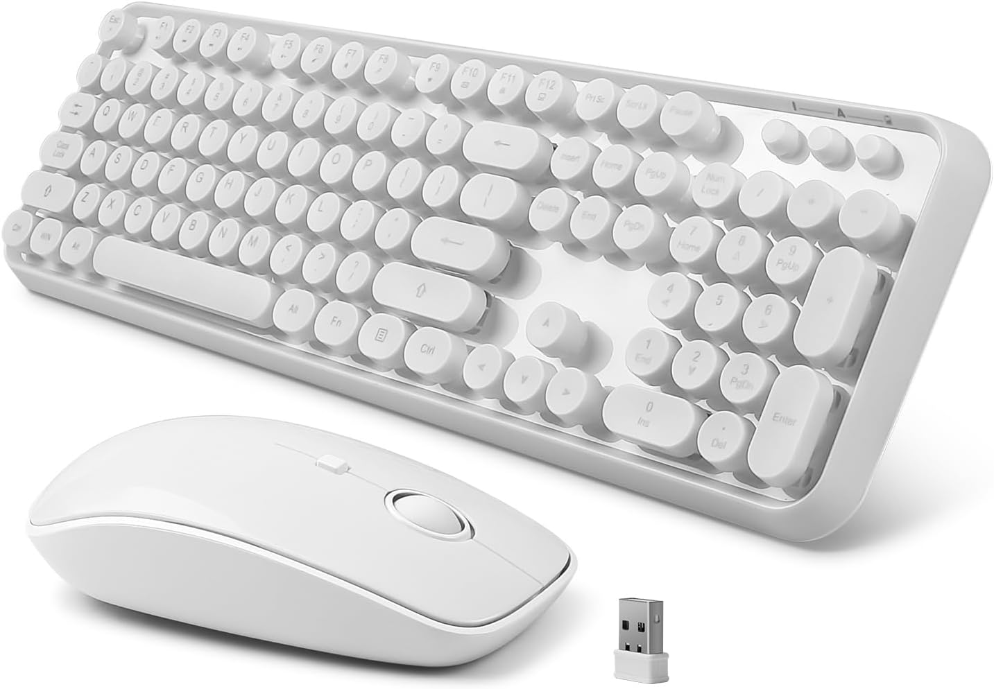 Wireless Keyboard and Mouse Combo - Cute Colorful Keyboard and Mouse, Full-Size Retro Typewriter Keyboard with 2.4GHz Plug & Play, for Windows 11/10/7, Laptop, PC (White)